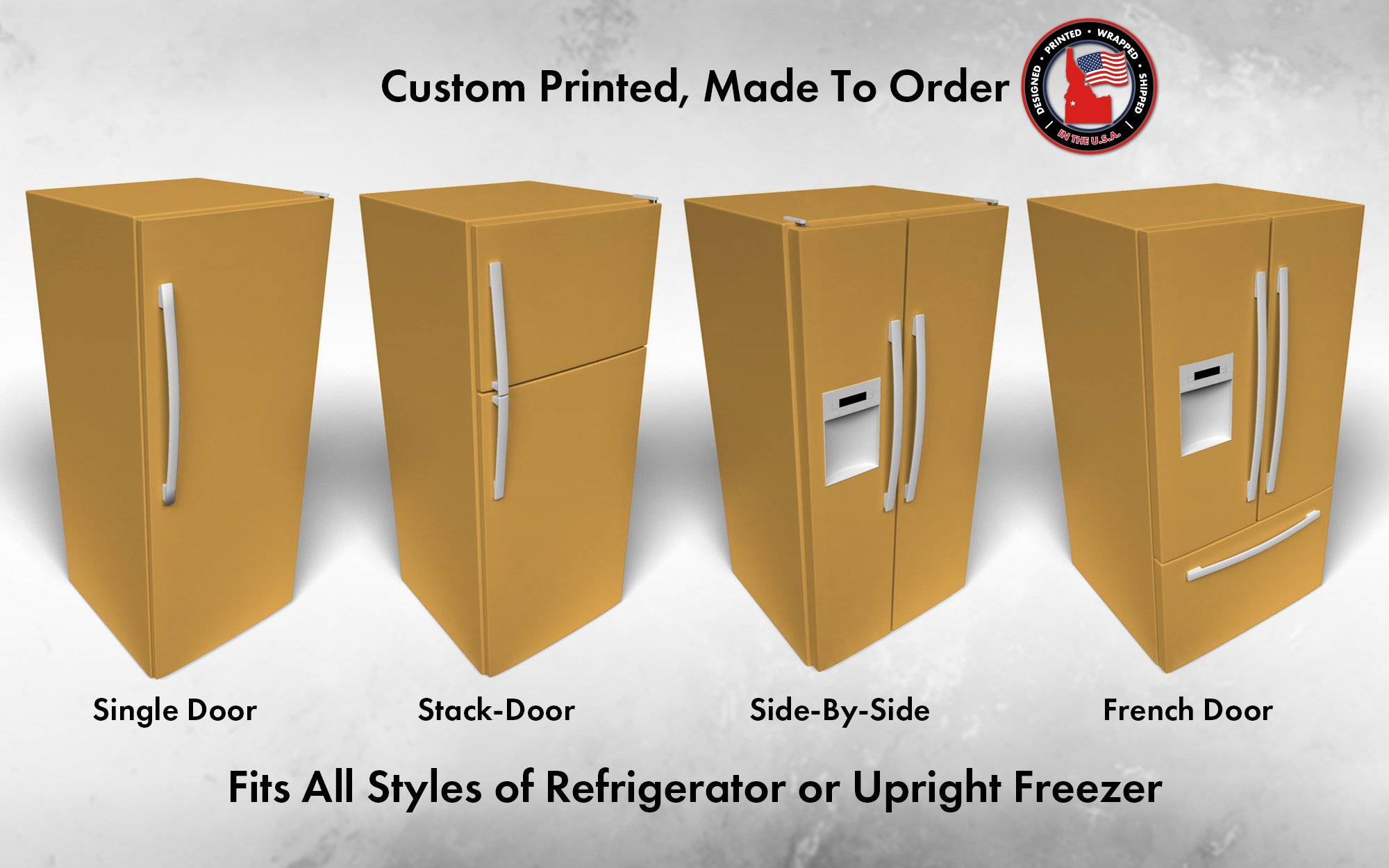 Several 3D models of different refrigerator styles shown in Gambol Gold SW 6690 custom vinyl wrap color.