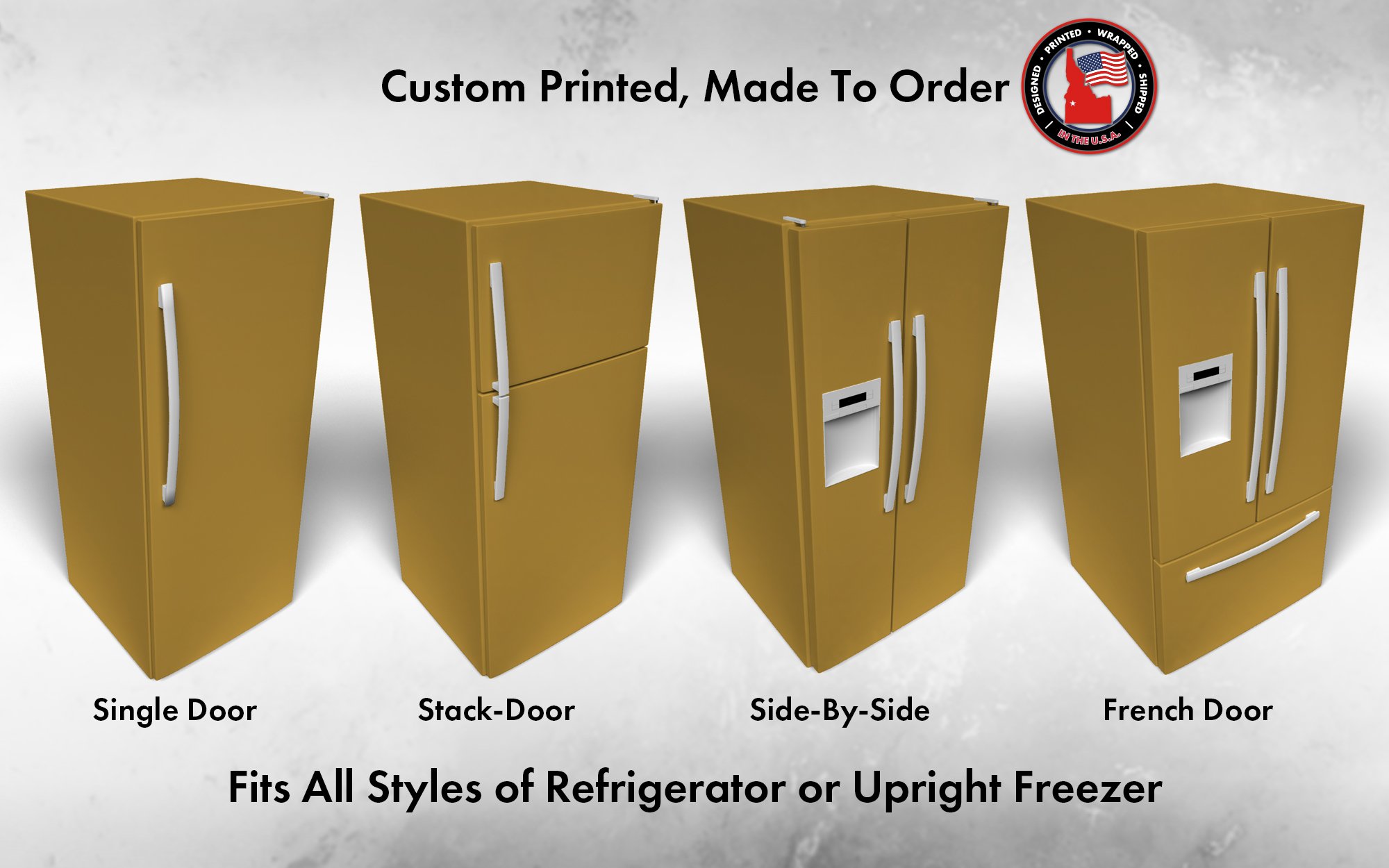 Several 3D models of different refrigerator styles shown in Crispy Gold SW 6699 custom vinyl wrap color.