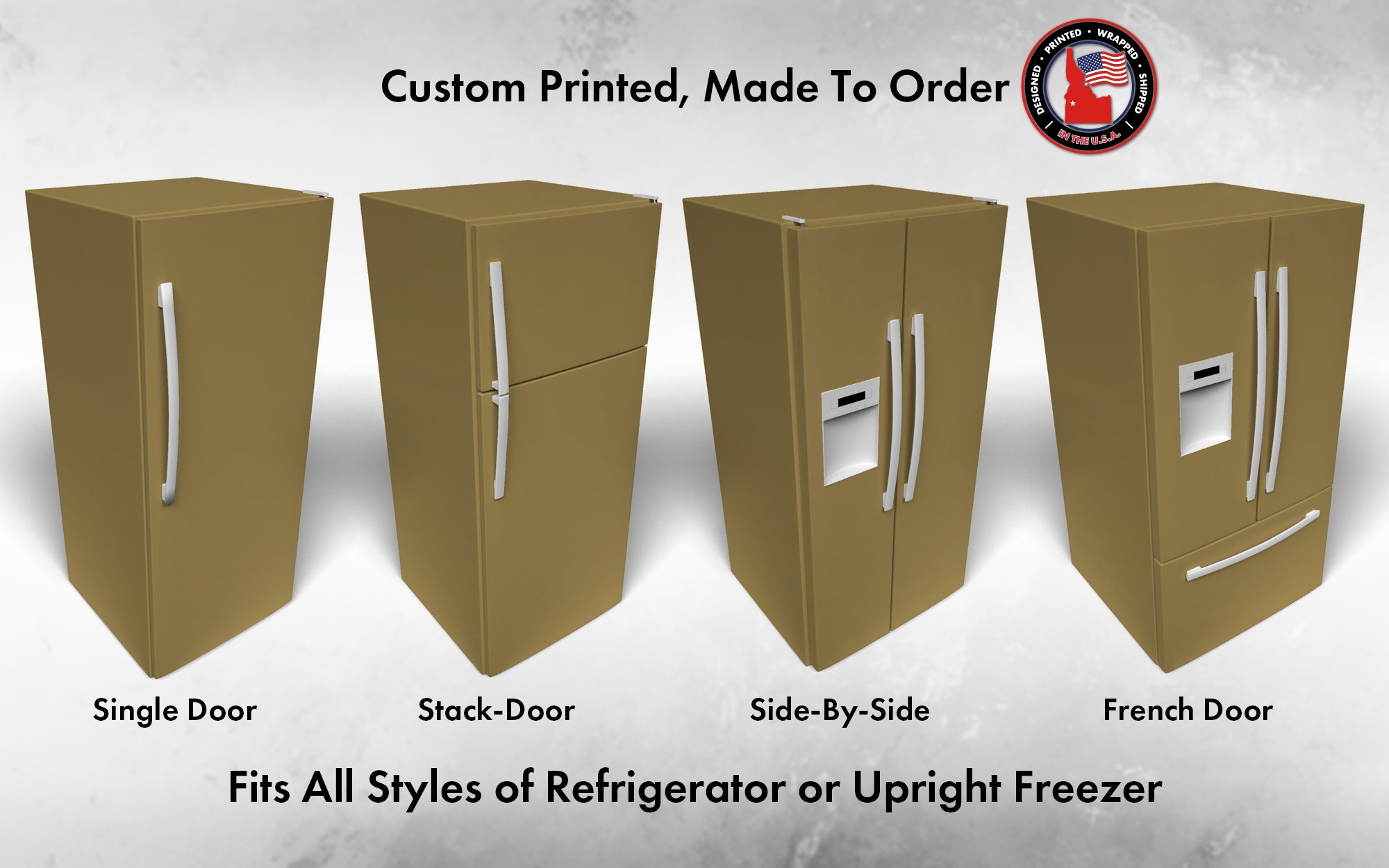 Several 3D models of different refrigerator styles shown in Bengal Grass SW 6411 custom vinyl wrap color.