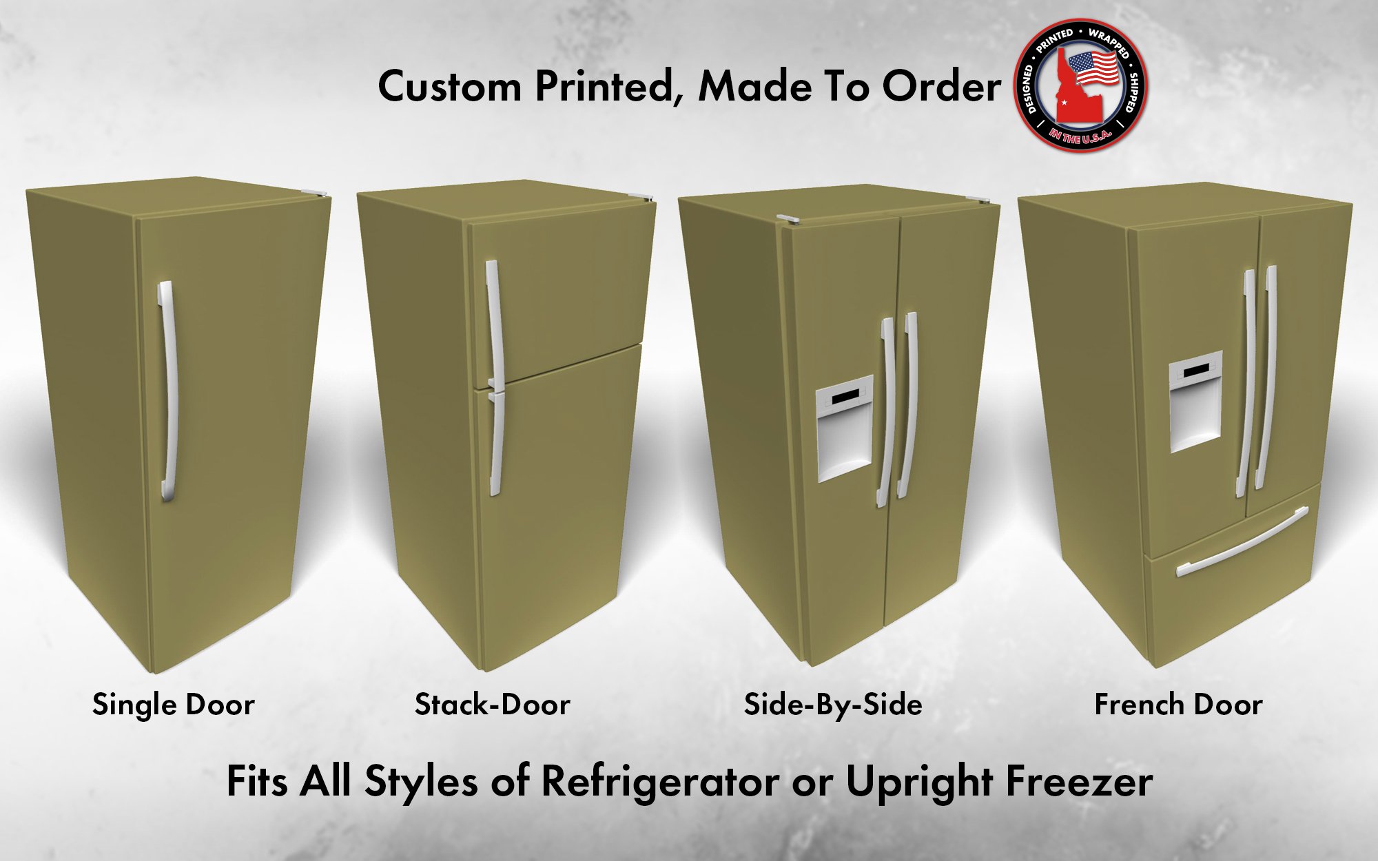 Several 3D models of different refrigerator styles shown in Rural Green SW 6418 custom vinyl wrap color.