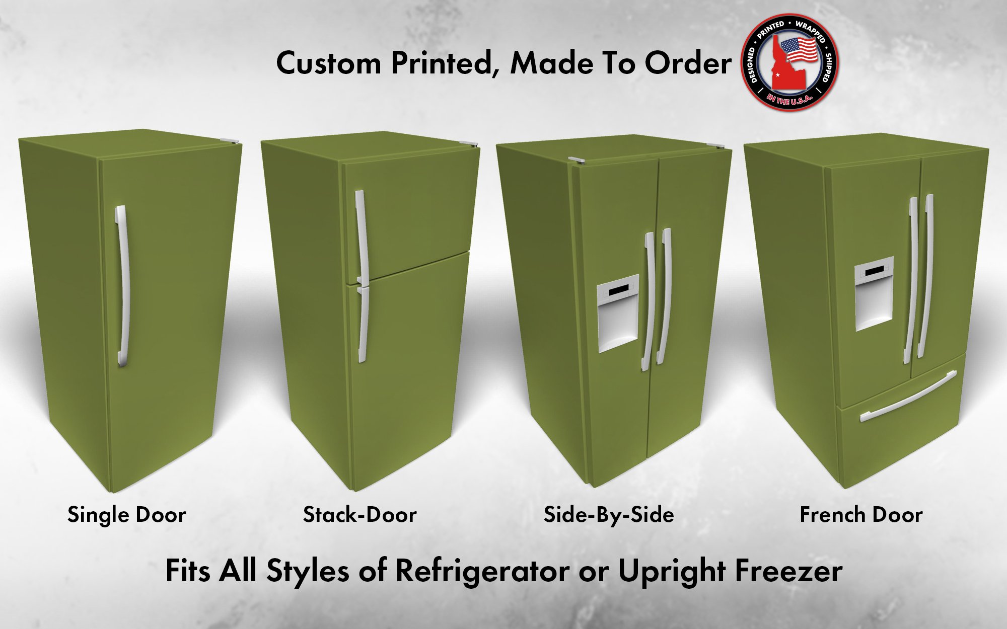 Several 3D models of different refrigerator styles shown in Gecko SW 6719 custom vinyl wrap color.