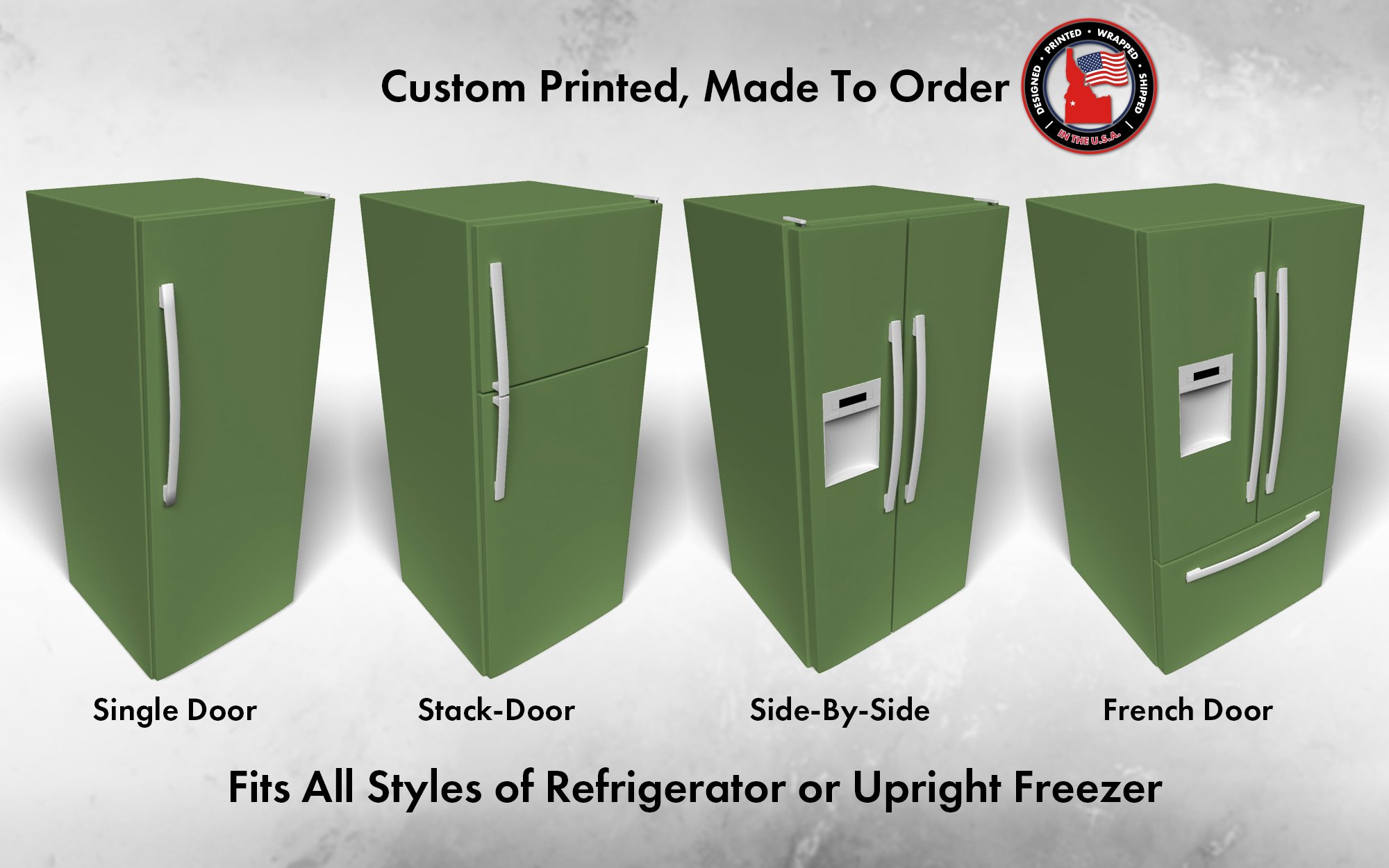 Several 3D models of different refrigerator styles shown in Talipot Palm SW 6726 custom vinyl wrap color.