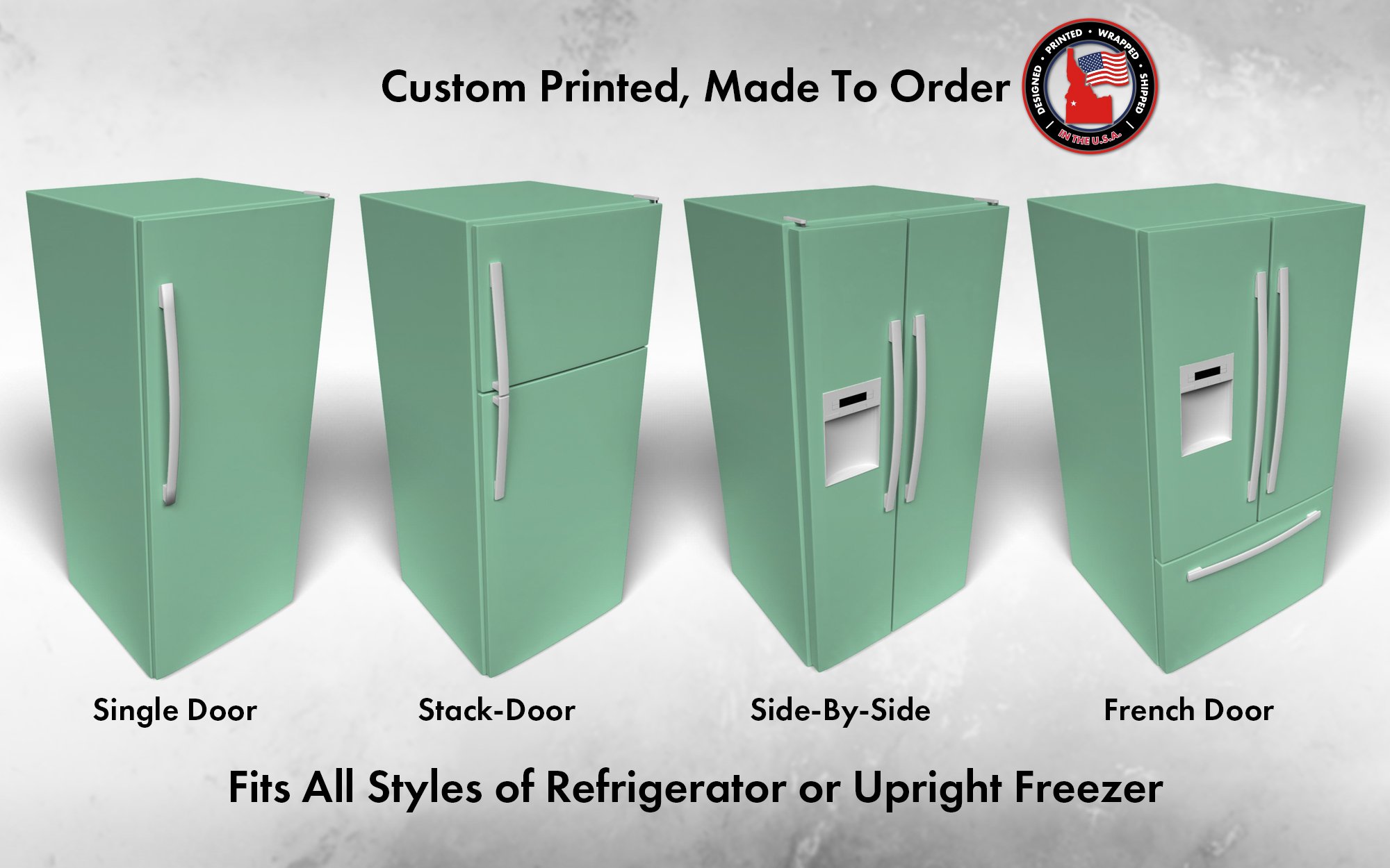 Several 3D models of different refrigerator styles shown in Lark Green SW 6745 custom vinyl wrap color.