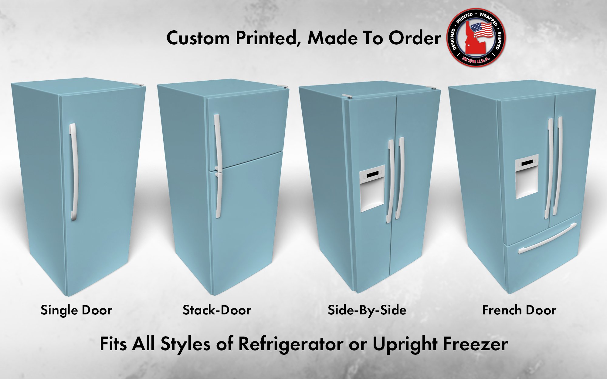 Several 3D models of different refrigerator styles shown in Bluebell SW 6793 custom vinyl wrap color.