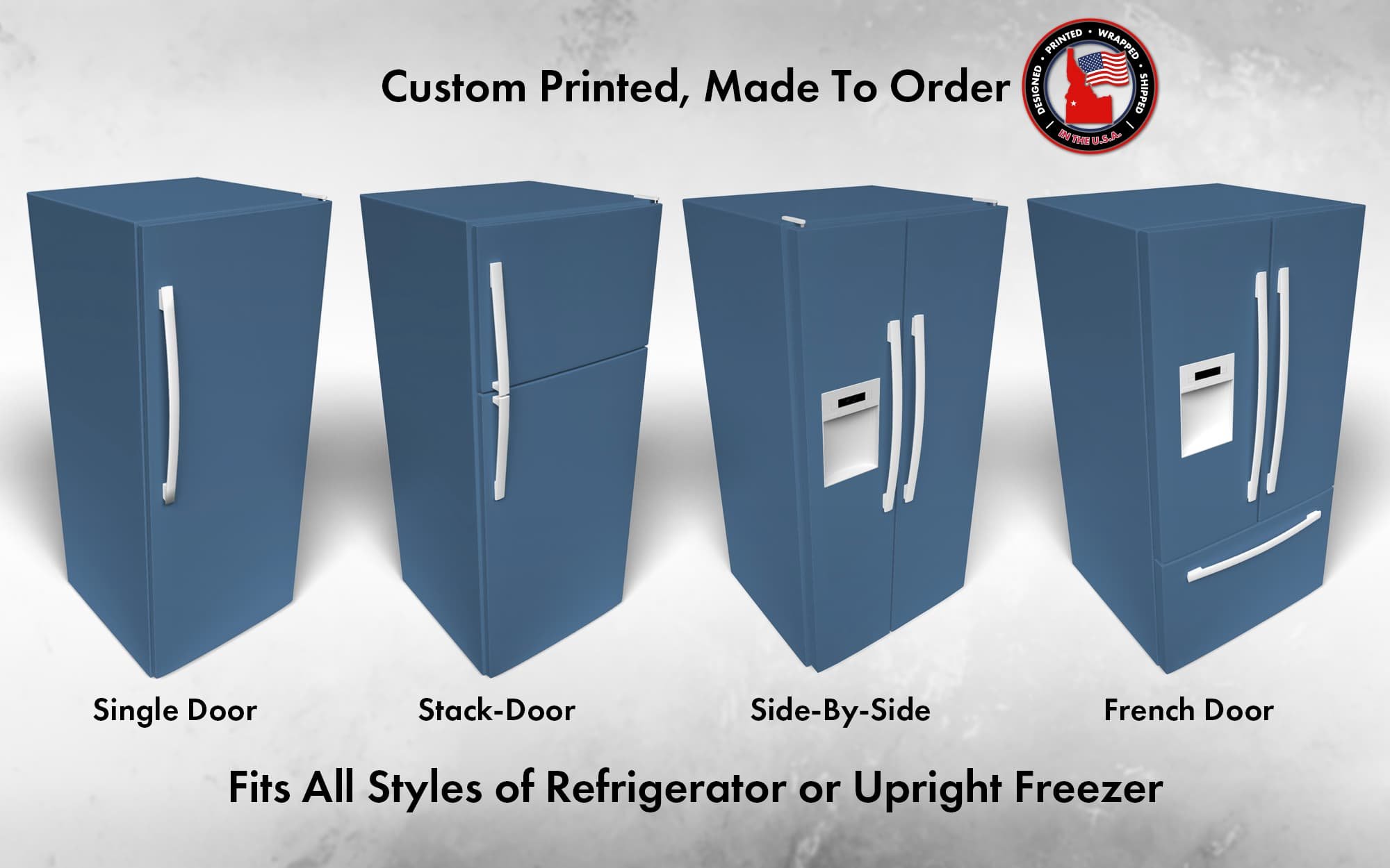 Several 3D models of different refrigerator styles shown in Azure Tide SW 9684 custom vinyl wrap color.