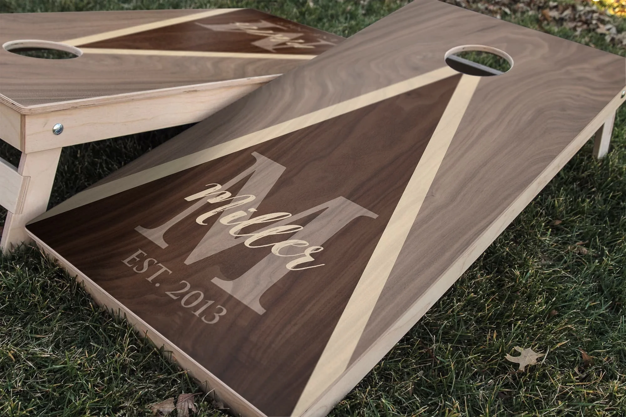 Walnut wood slab monogram personalized custom Cornhole board wrap sticker decal set