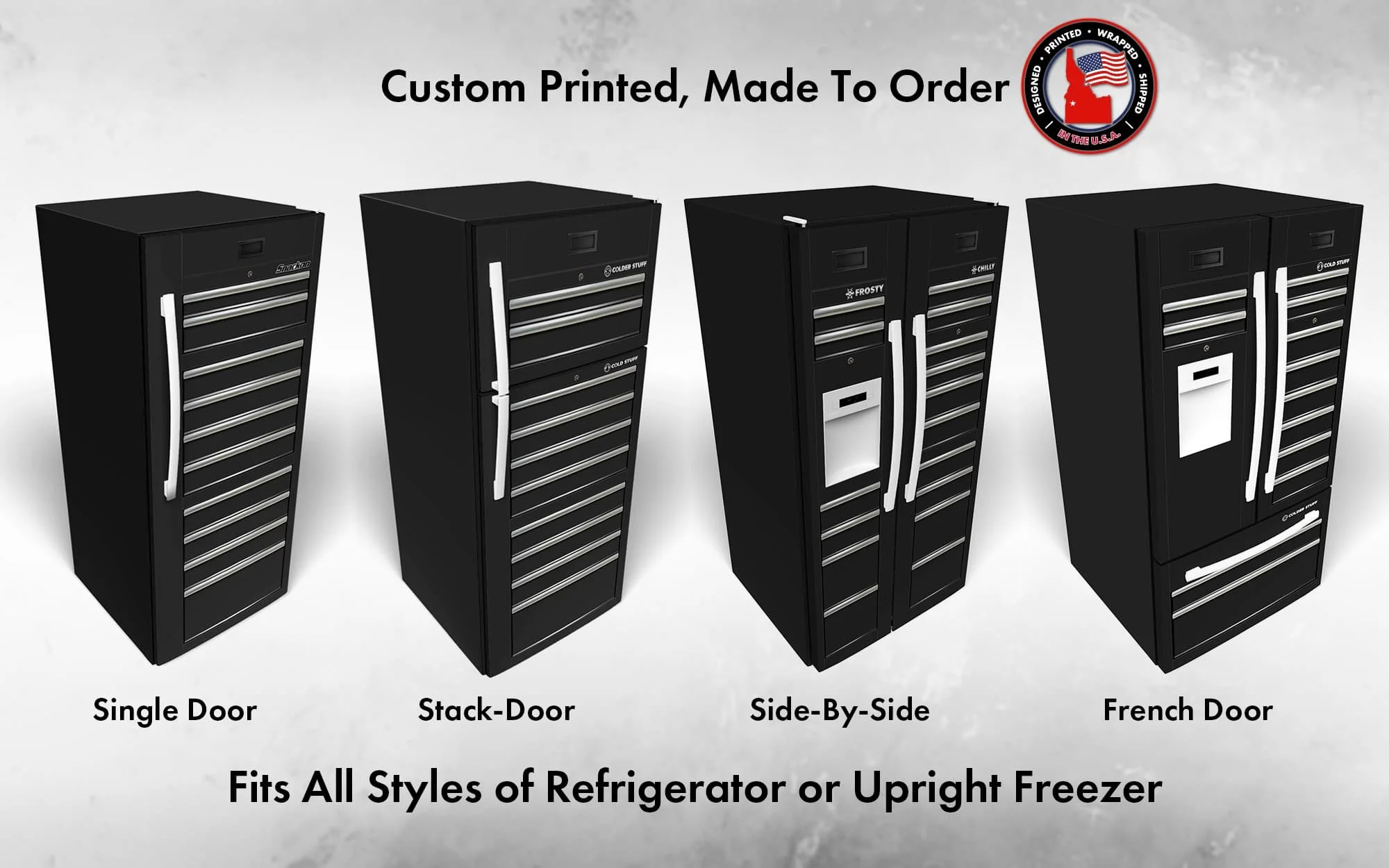 mockup showing how our black tool chest design can be customized to fit any size or type of refrigerator