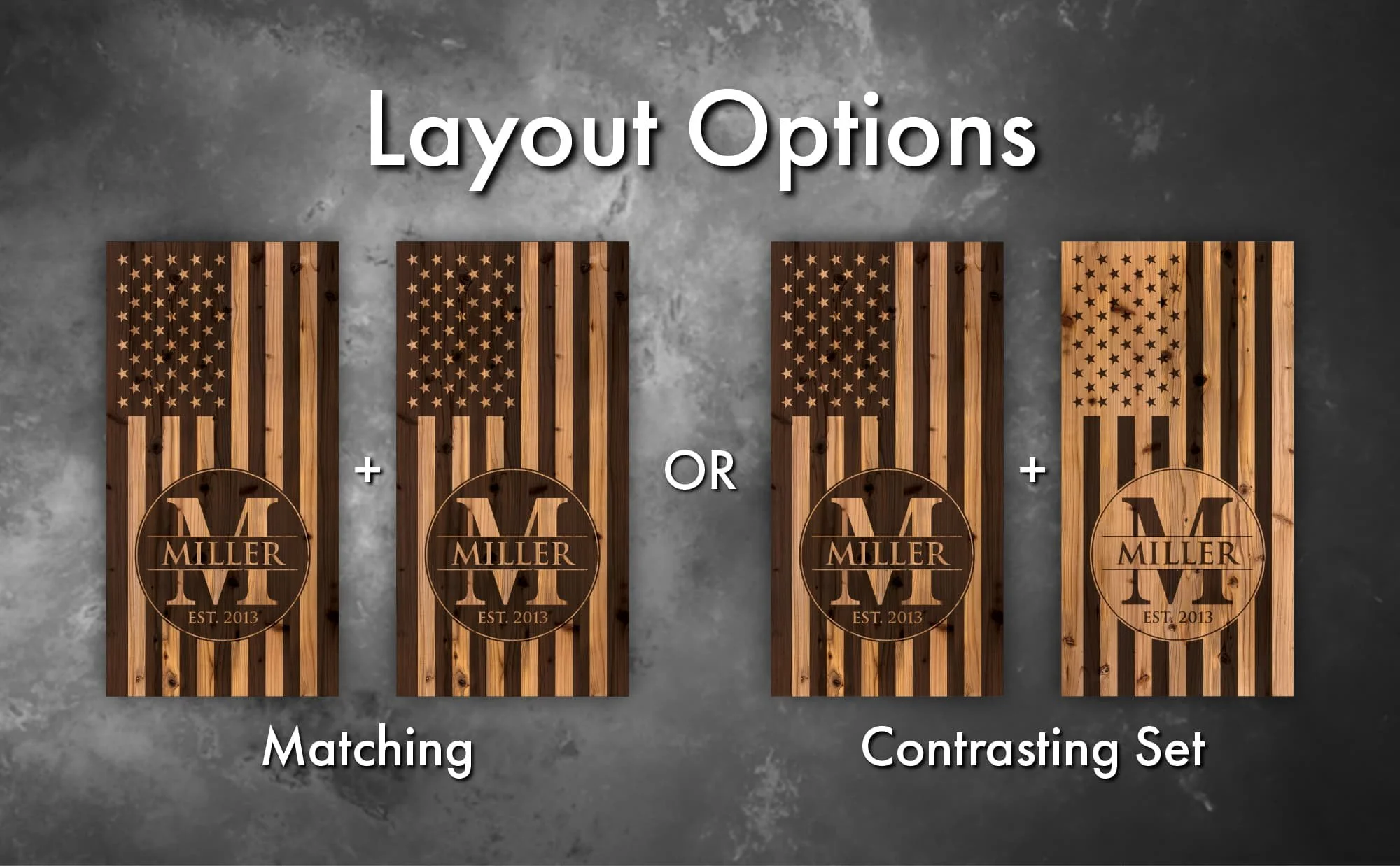 Monogram wood USA flag personalized custom Cornhole board wrap sticker decal set options