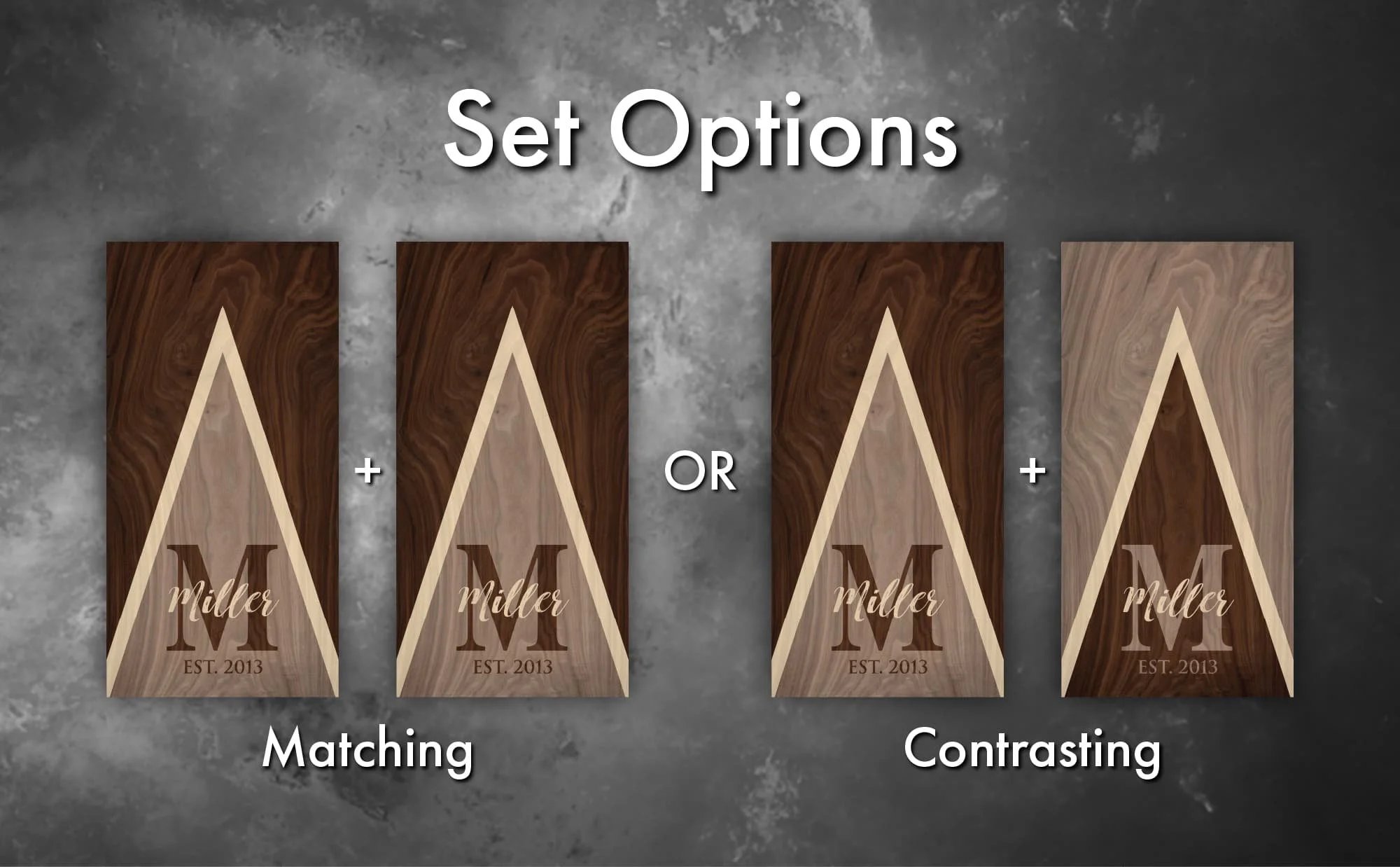 Walnut wood slab monogram personalized custom Cornhole board wrap sticker decal set options