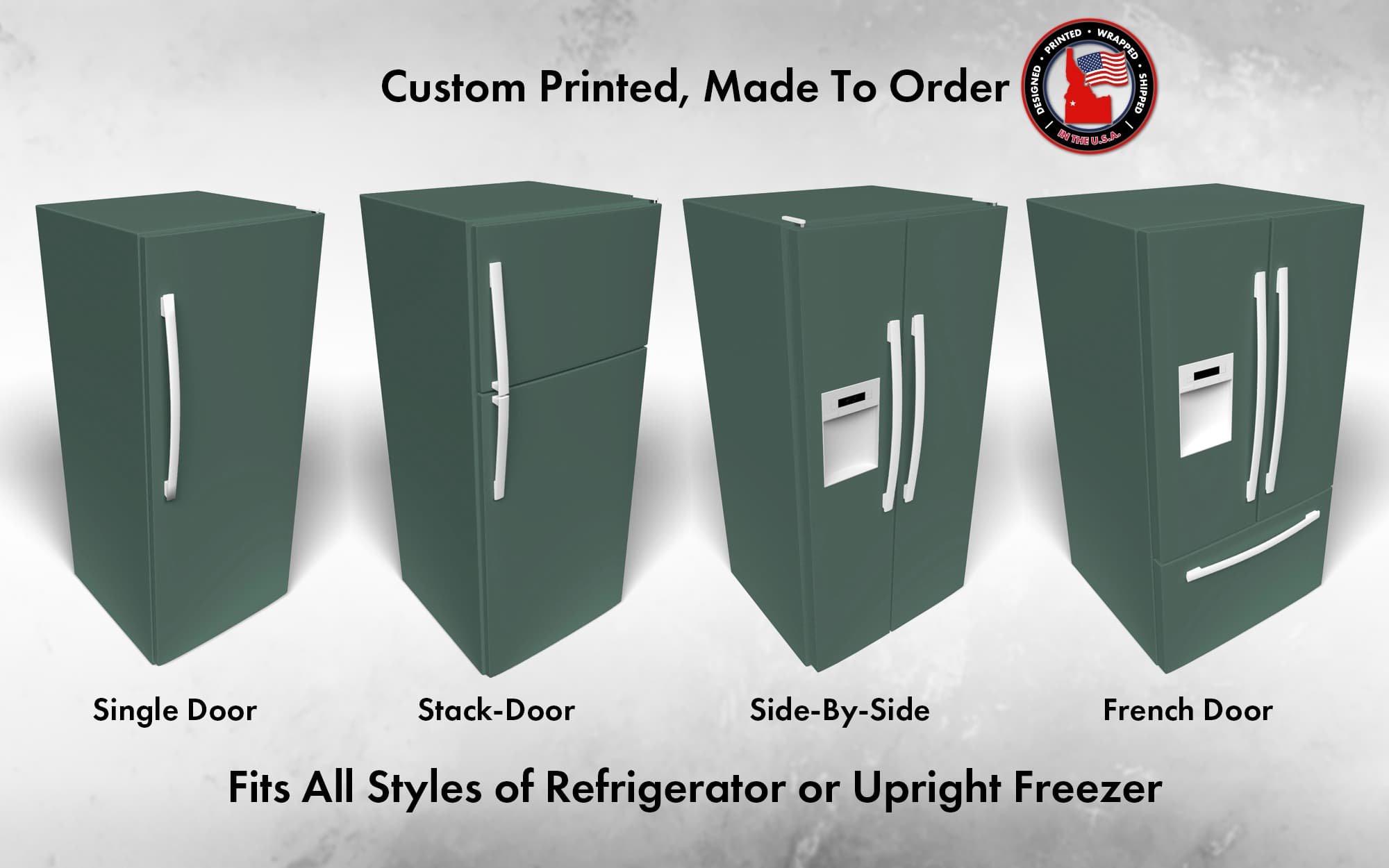 Several 3D models of different refrigerator styles shown in Behr Equilibrium T18-20 custom vinyl wrap color.