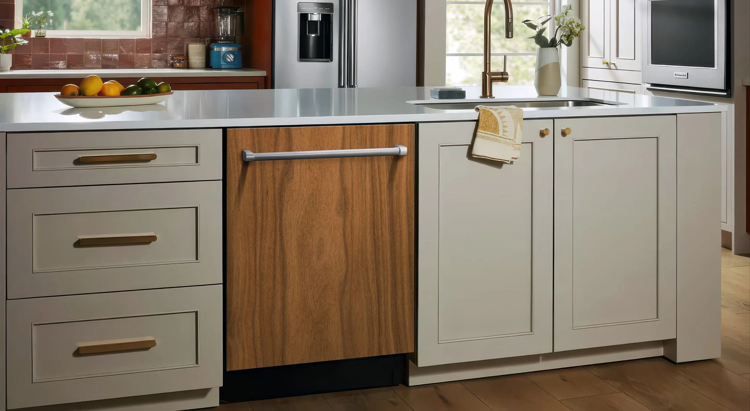 mockup of our EA Finish walnut slab texture on a custom-printed vinyl dishwasher wrap skin in a contemporary kitchen.