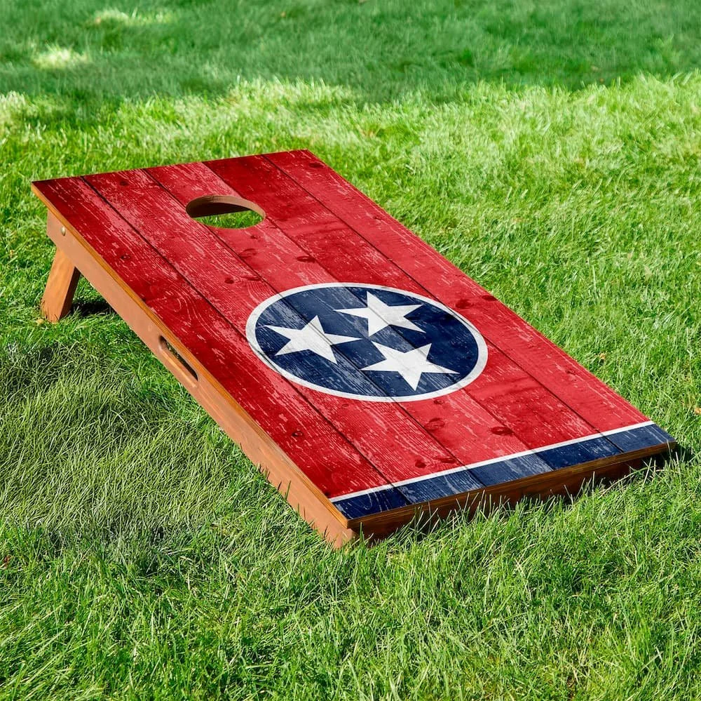 rustic wood Tennessee state flag cornhole board