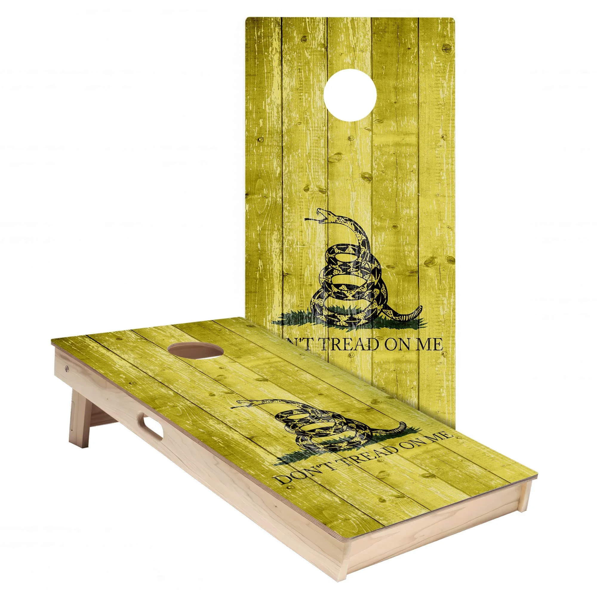 Yellow Gadsden "don't tread on me" flag cornhole board wrap sticker decal set