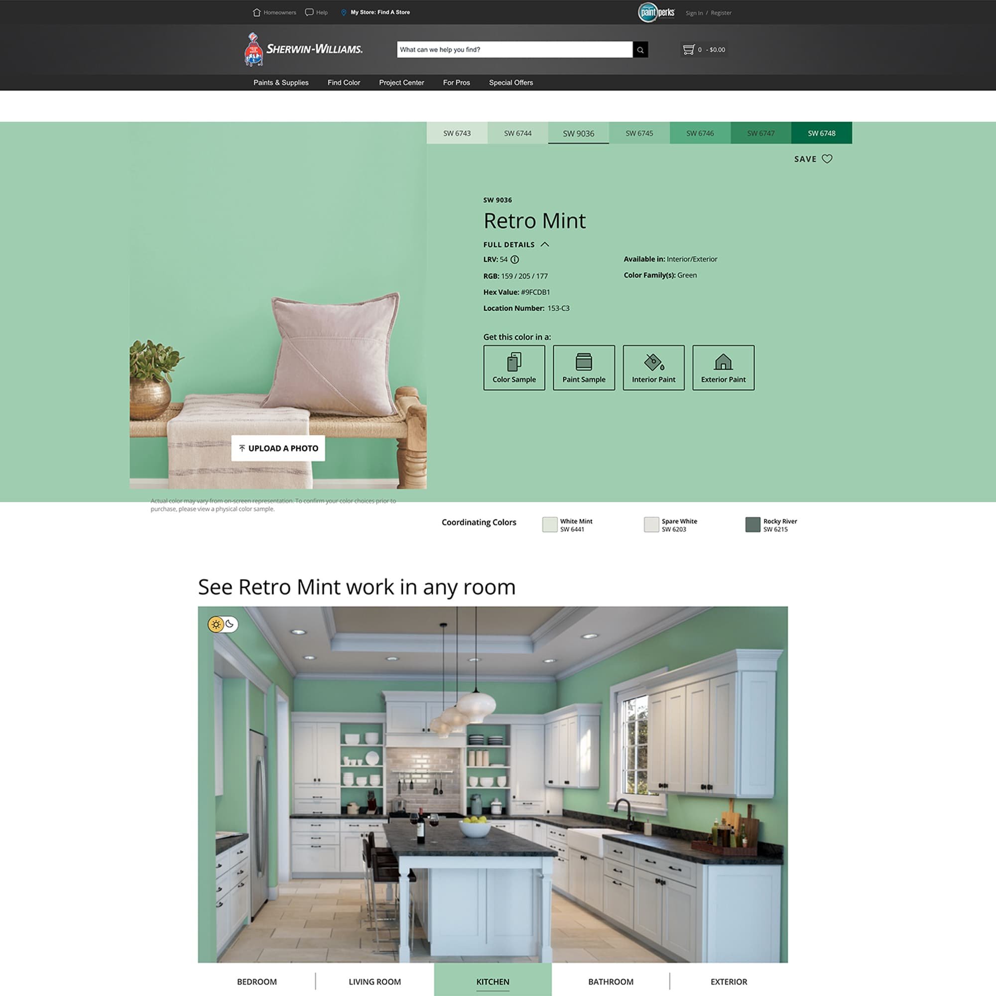 screenshot of this paint color on Sherwin Williams website. Color shown is Sherwin Williams Retro Mint SW 9036