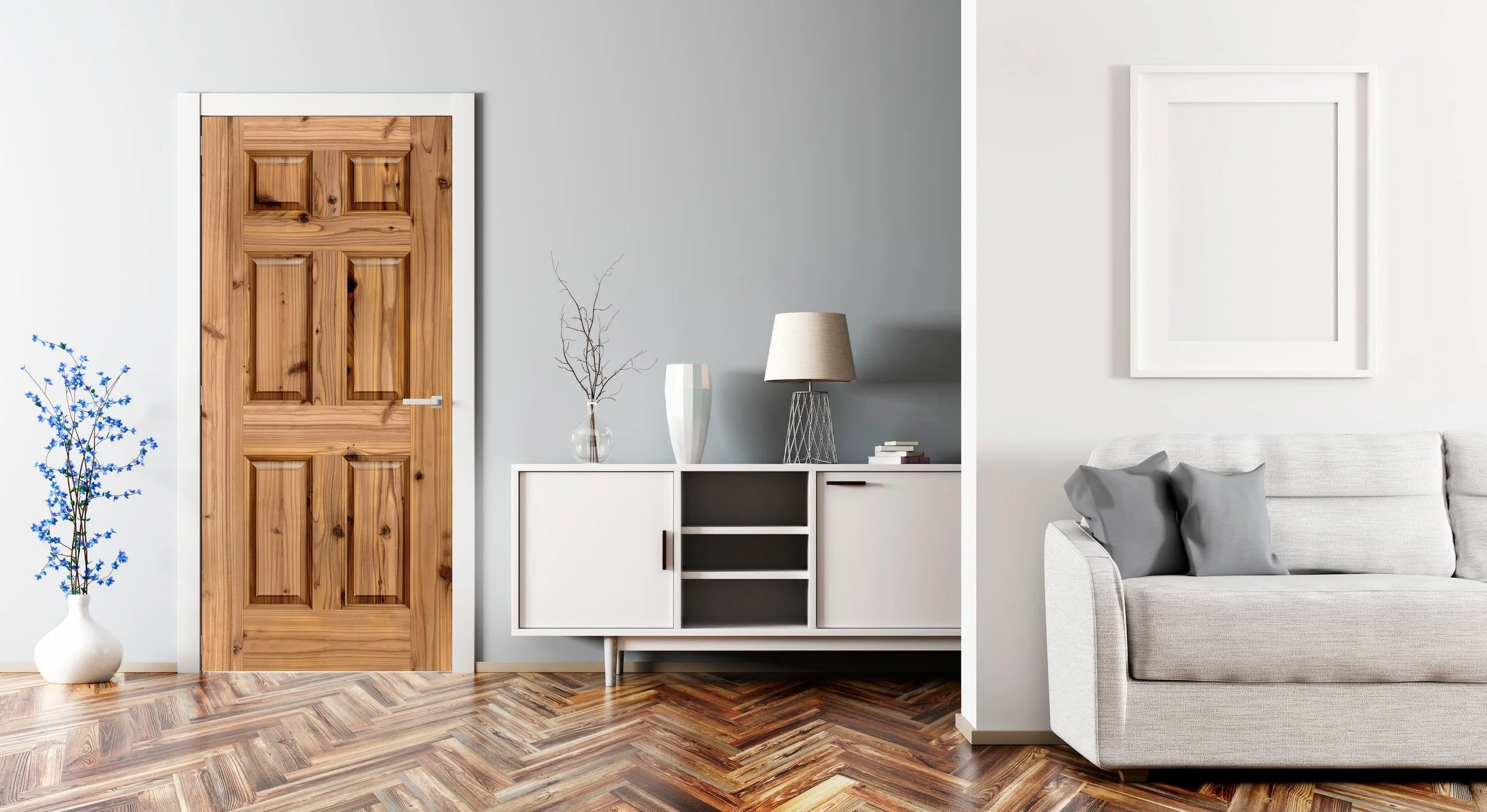 Mockup of a custom printed vinyl door wrap on a door in a contemporary living room. The graphic is a high resolution knotty alder texture in a 6 panel door configuration.