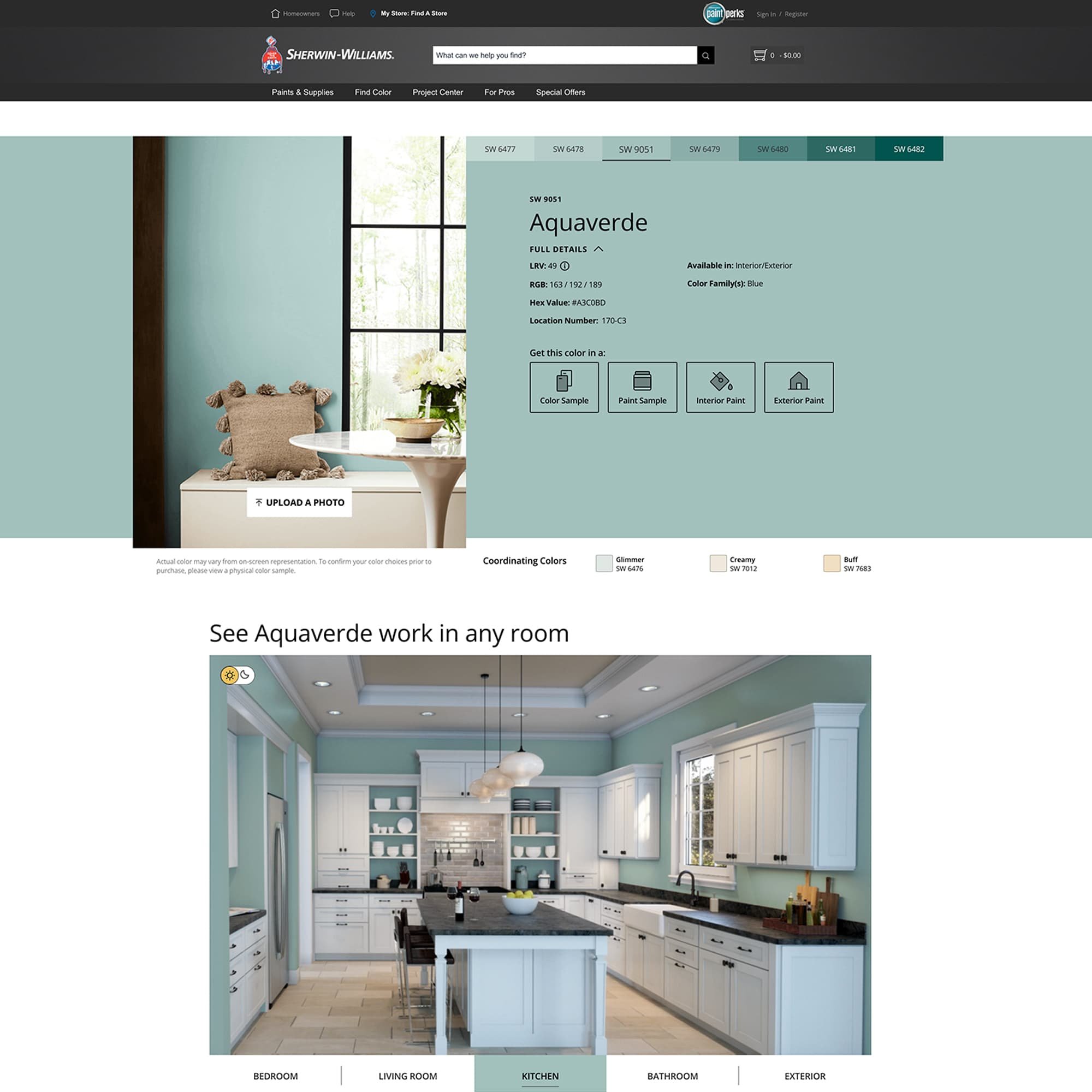 screenshot of this paint color on Sherwin Williams website. Color shown is Aquaverde SW 9051