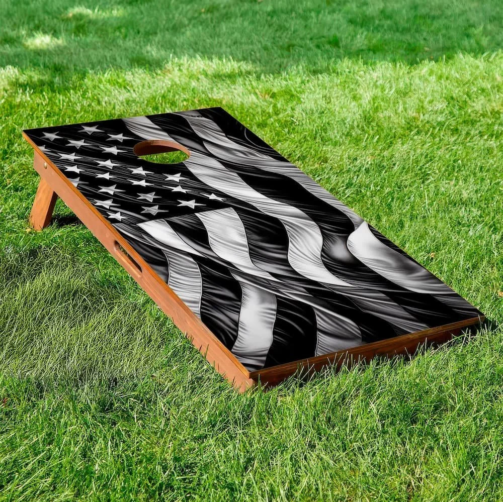 black and white USA flag cornhole board
