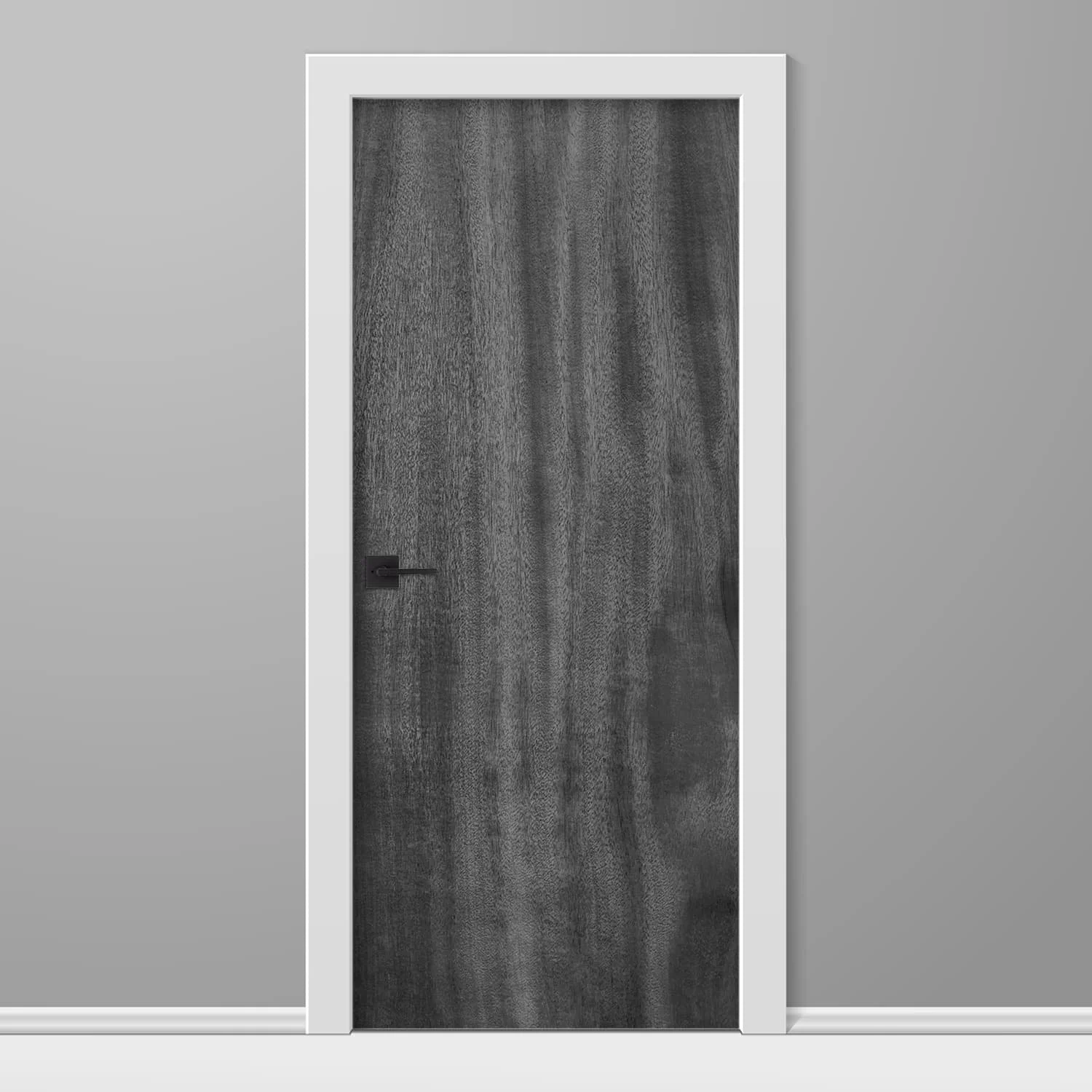 Mockup of a custom printed vinyl door wrap. The graphic is a high resolution elm wood grain slab in Black & White finish.