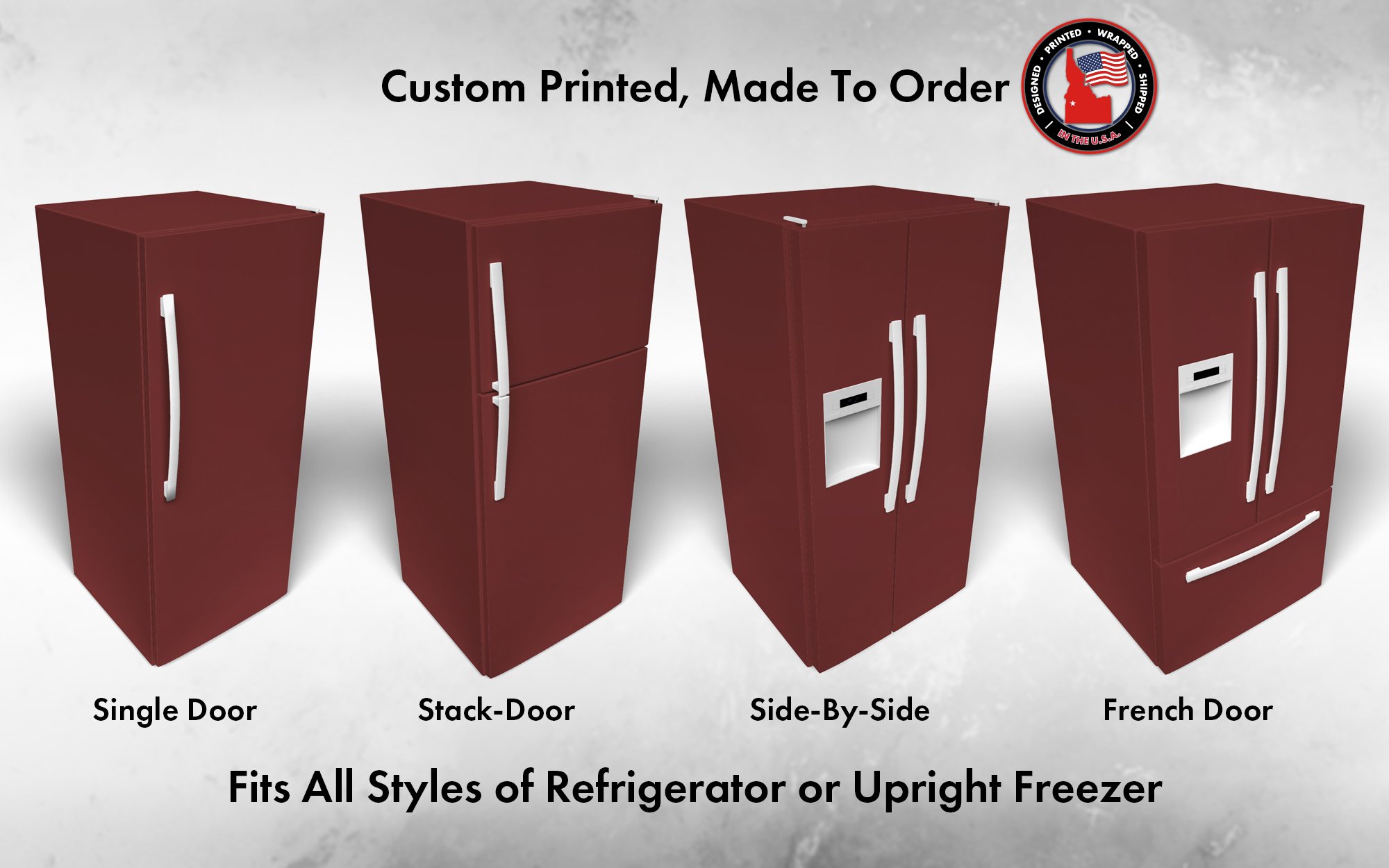 Several 3D models of different refrigerator styles shown in Sherwin Williams Sun Dried Tomato SW 7585 custom vinyl wrap color.