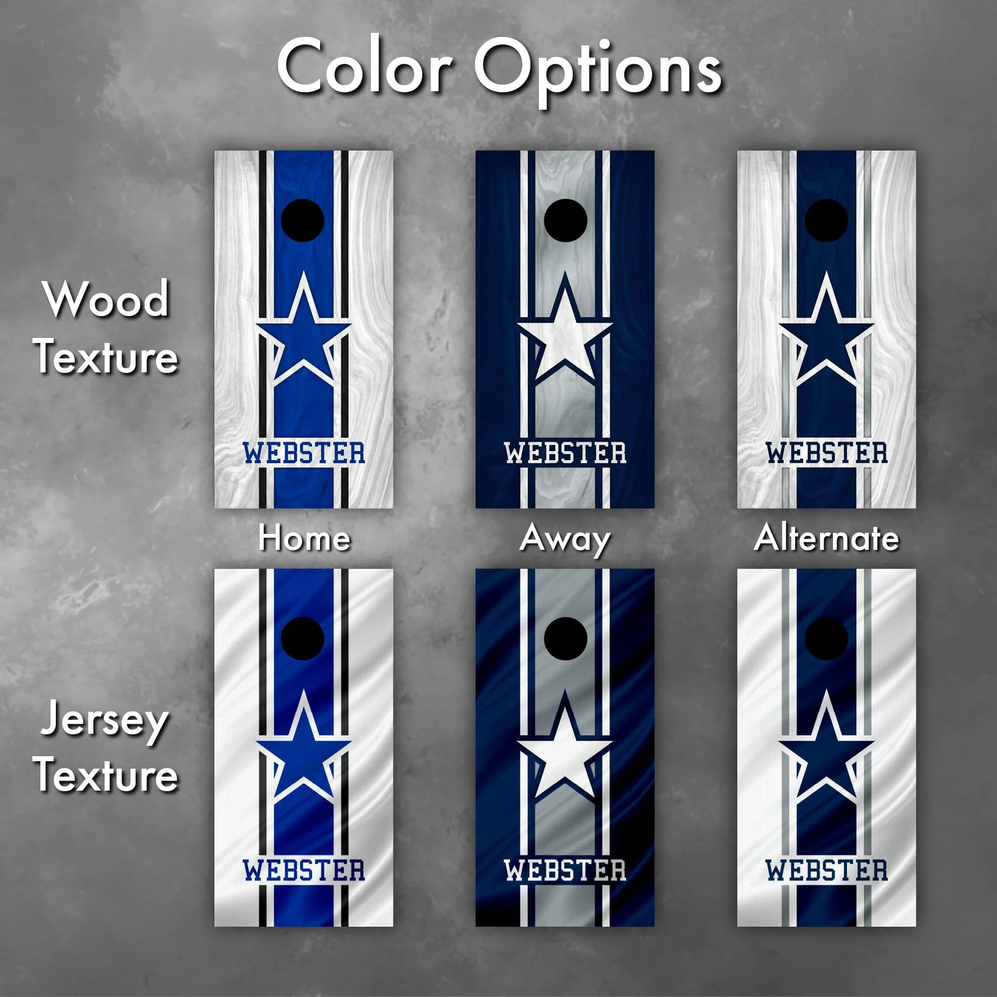 6 color and graphic texture options for our Dallas Cowboys-themed custom personalized cornhole board vinyl wrap decals (Copy)