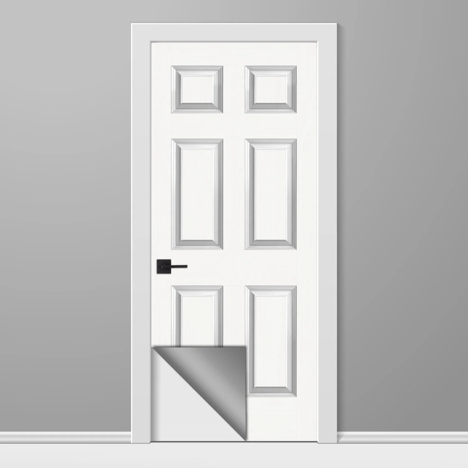 thumbnail for one of our imitation 6 panel door wrap. The image shows a mock peeled-up corner, indicating that the graphic is a peel and stick vinyl door wrap, not a real door