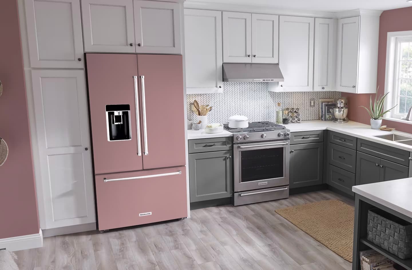 Mockup of our custom printed refrigerator vinyl wrap that matches Sherwin Williams Rose Embroidery SW 6297 on a french door refrigerator in a modern neutral color kitchen
