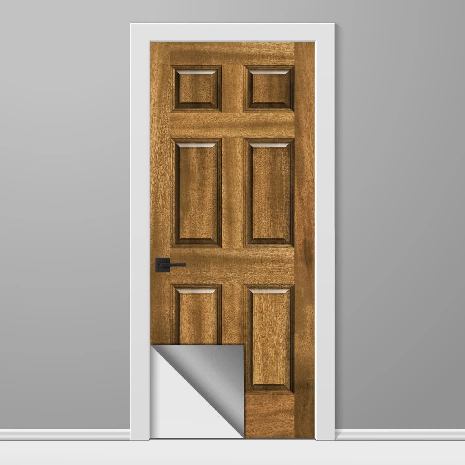 thumbnail for our elm wood door wrap in Harvest Stain finish. The image shows a peeled-up corner, indicating that the graphic is a peel and stick vinyl door wrap, not a real wooden door