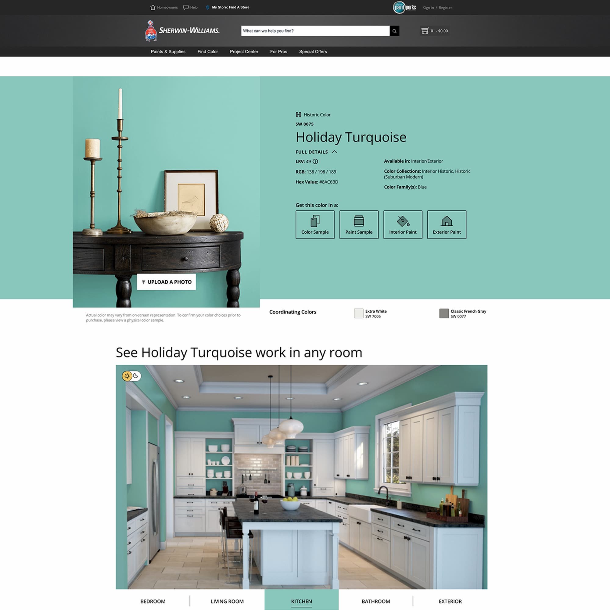 screenshot of this paint color on Sherwin Williams website. Color shown is Holiday Turquoise SW 0075