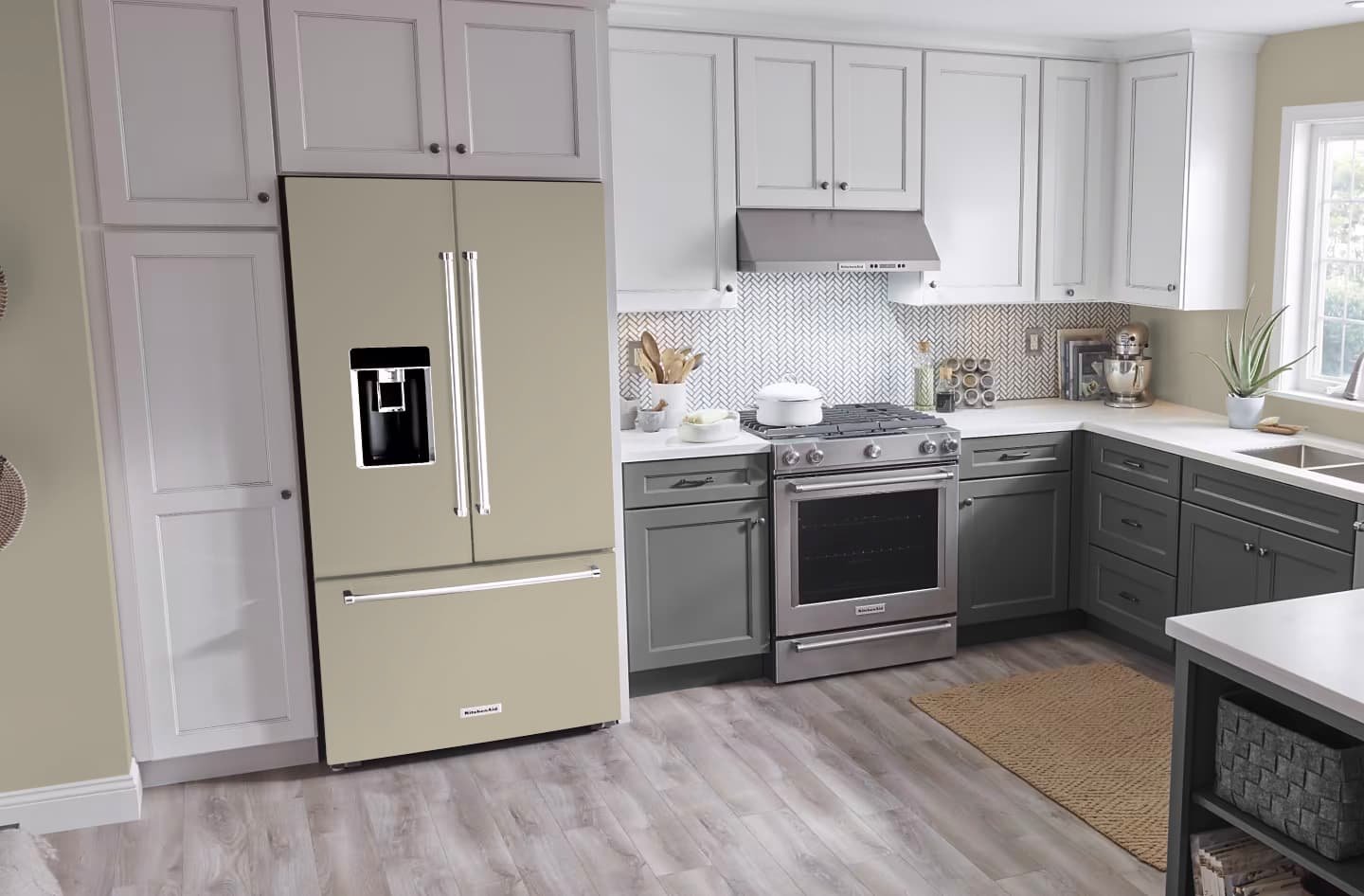 Mockup of our custom printed refrigerator vinyl wrap that matches Sherwin Williams Outrigger SW 9517 on a french door refrigerator in a modern neutral color kitchen