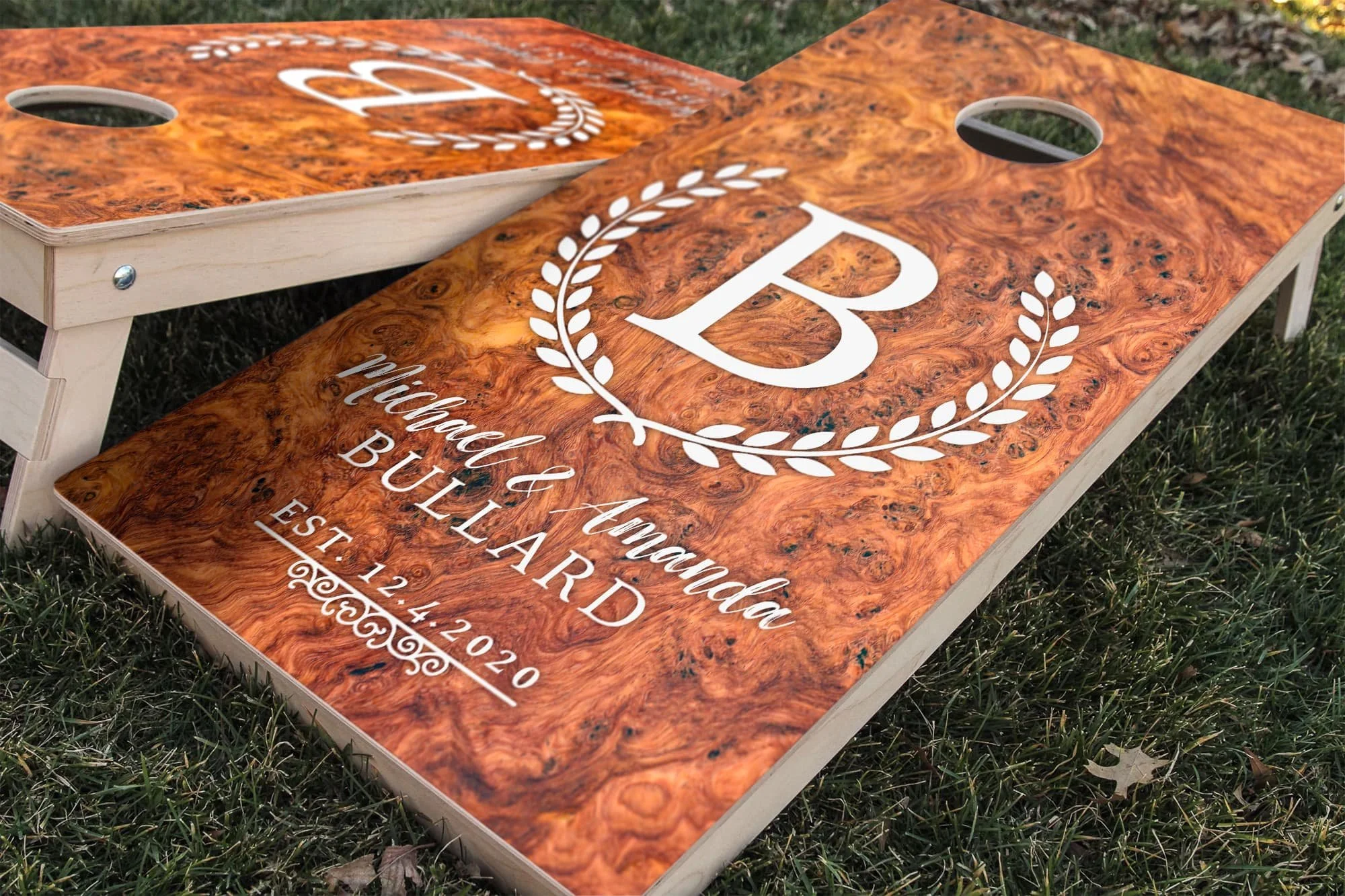 Burl Wood Wedding Anniversary personalized custom Cornhole board wrap sticker decal set