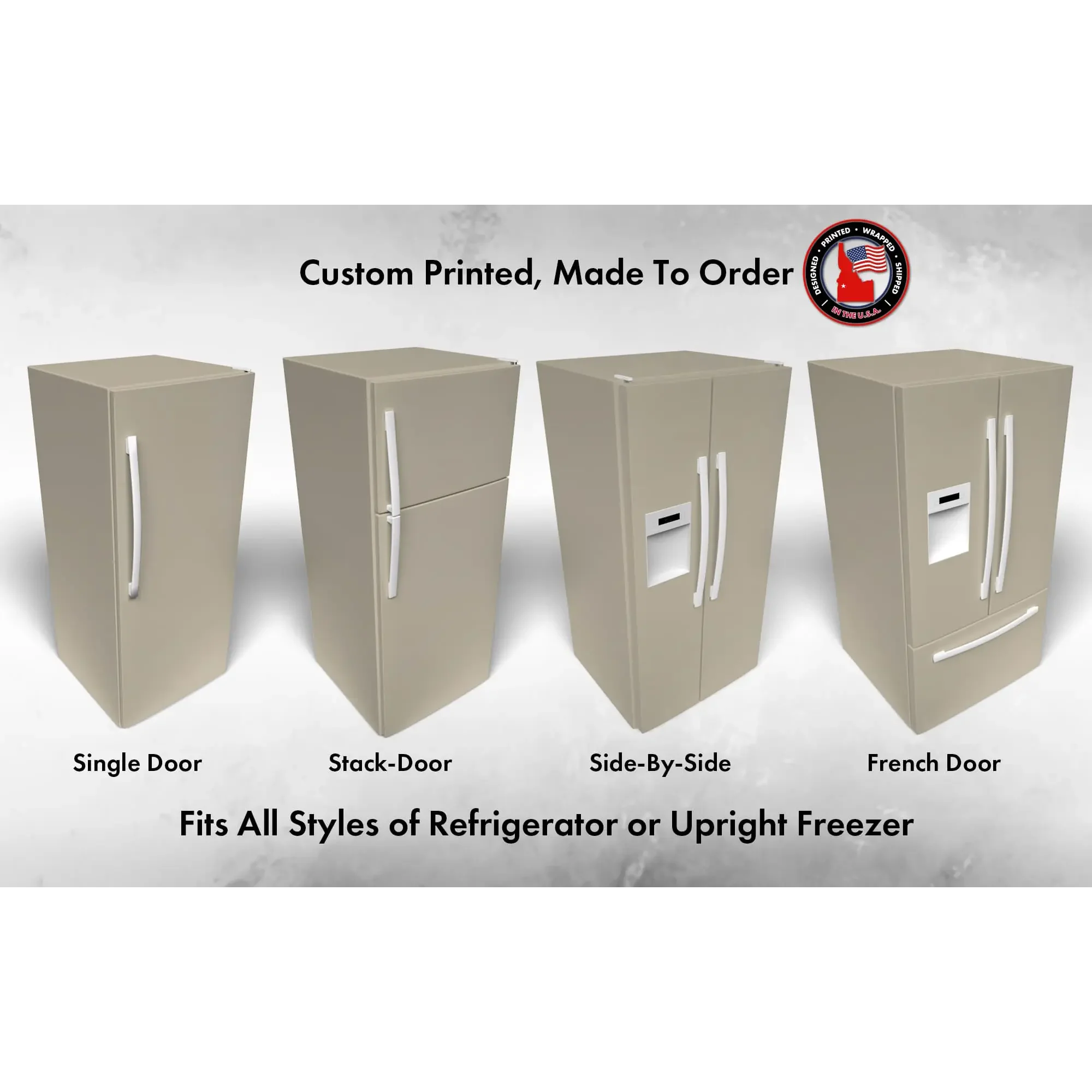 Several 3D models of different refrigerator styles shown in Outrigger SW 9517 custom vinyl wrap color.
