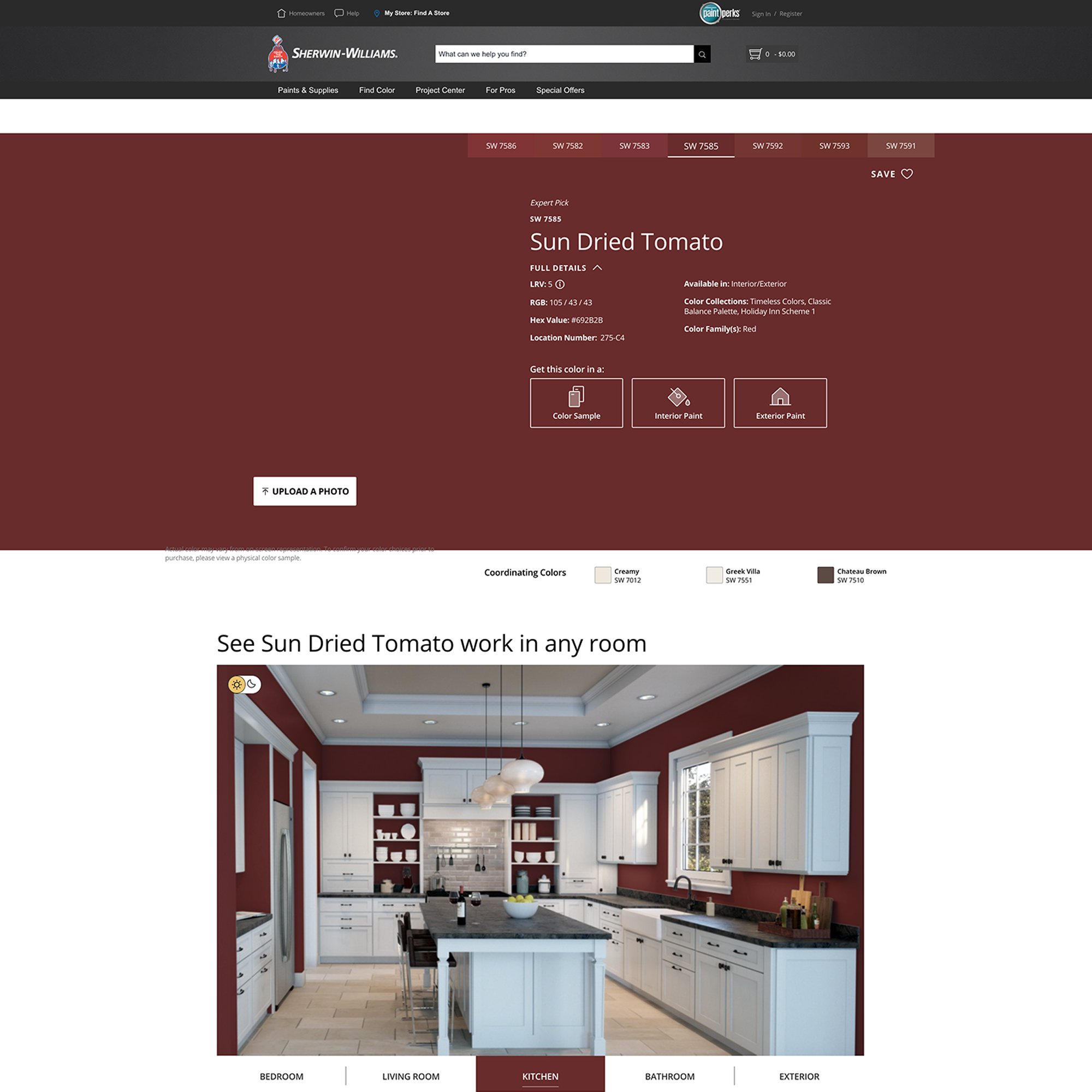 screenshot of this paint color on the Sherwin Williams website. Color shown is Sun Dried Tomato SW 7585