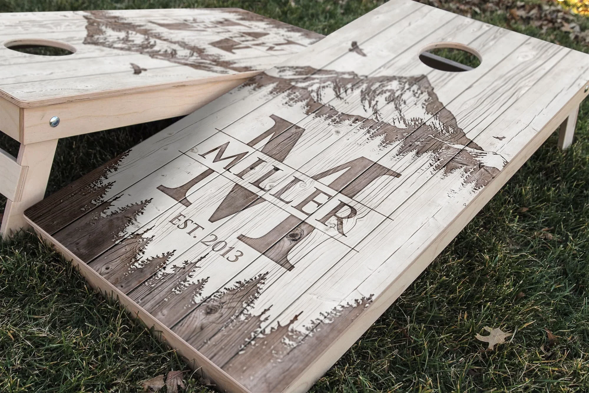 Whitewashed mountain monogram personalized custom Cornhole board wrap sticker decal set