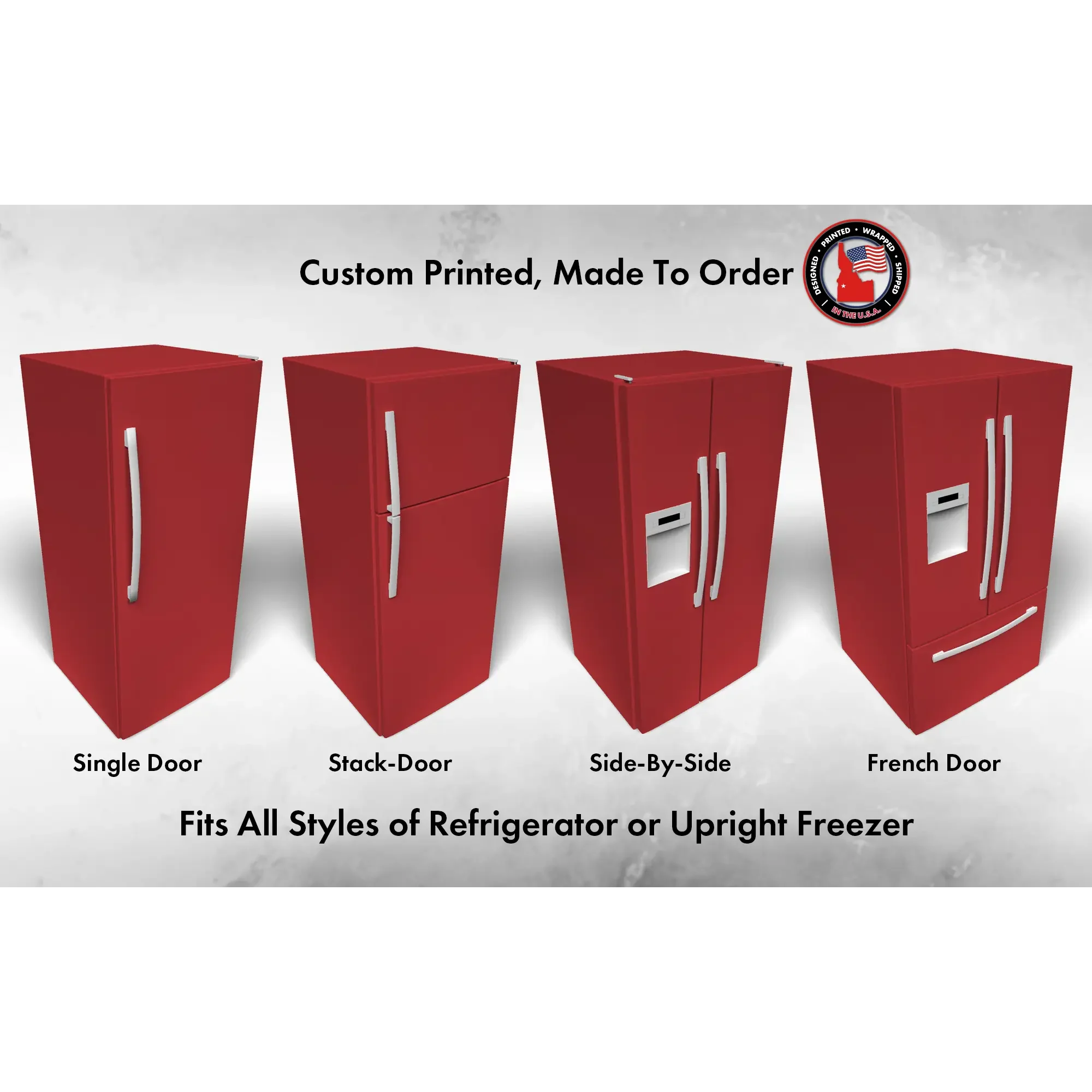 Several 3D models of different refrigerator styles shown in Heartthrob SW 6866 custom vinyl wrap color.