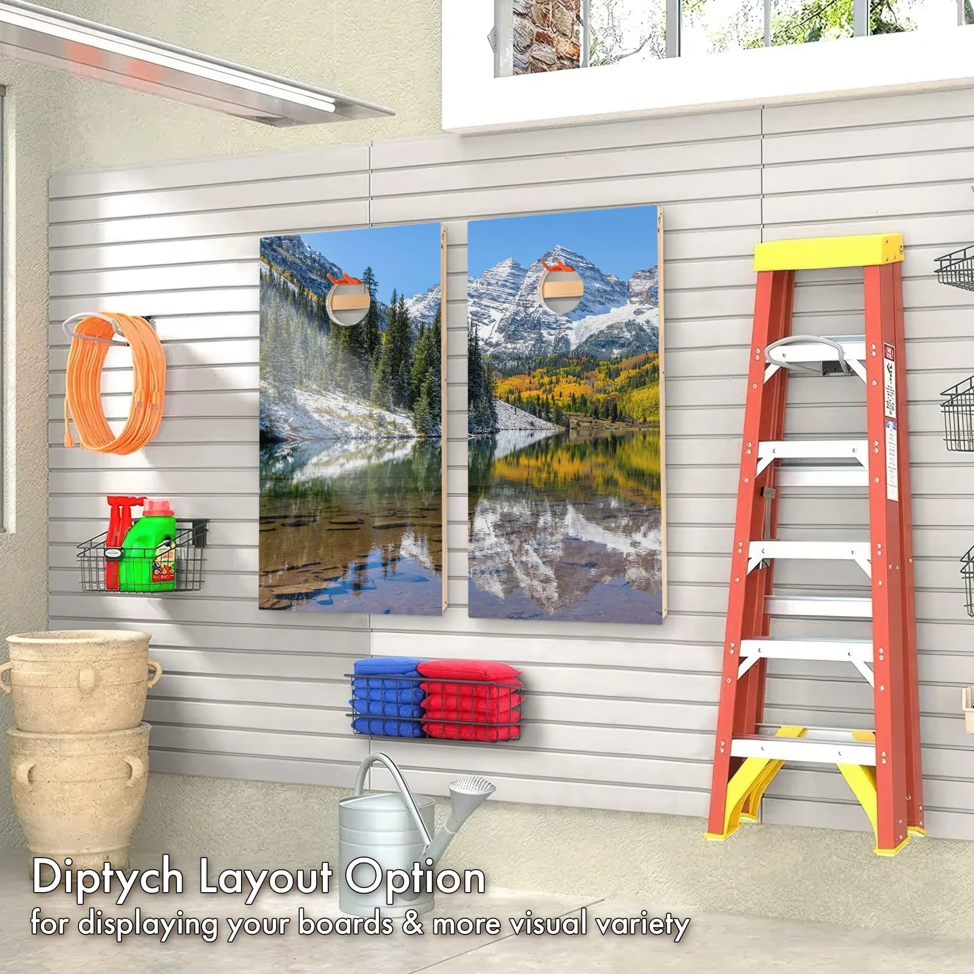 Maroon Lake Aspen Colorado rustic cornhole board on display on a garage wall