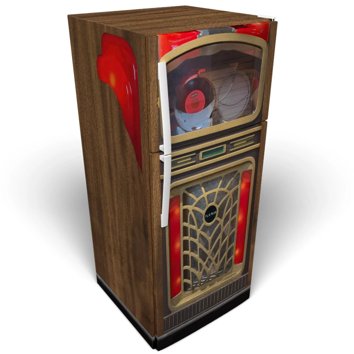 3d mockup of a stack door refrigerator, covered in our custom-printed packard jukebox vinyl wrap.