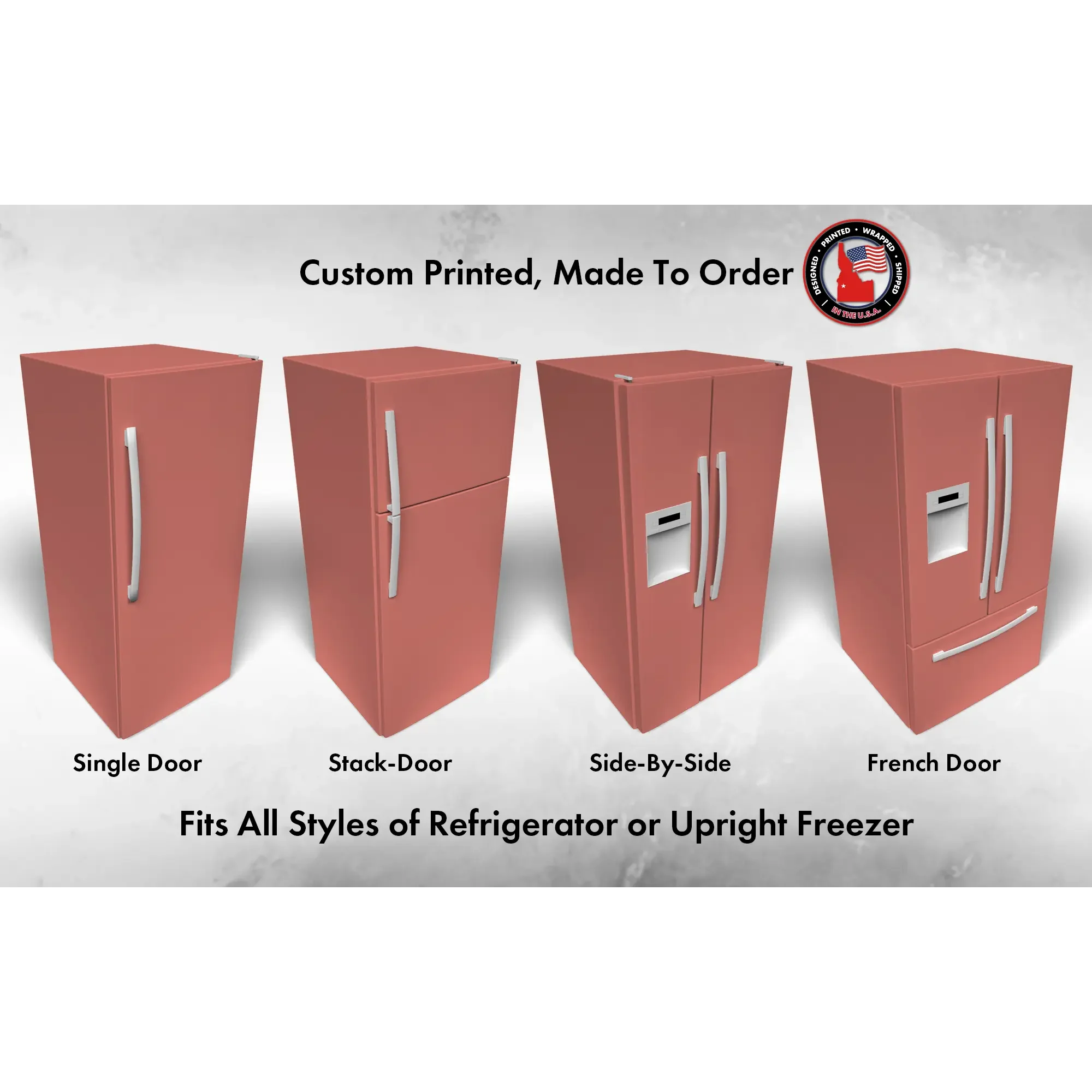 Several 3D models of different refrigerator styles shown in Coral Reef SW 6606 custom vinyl wrap color.