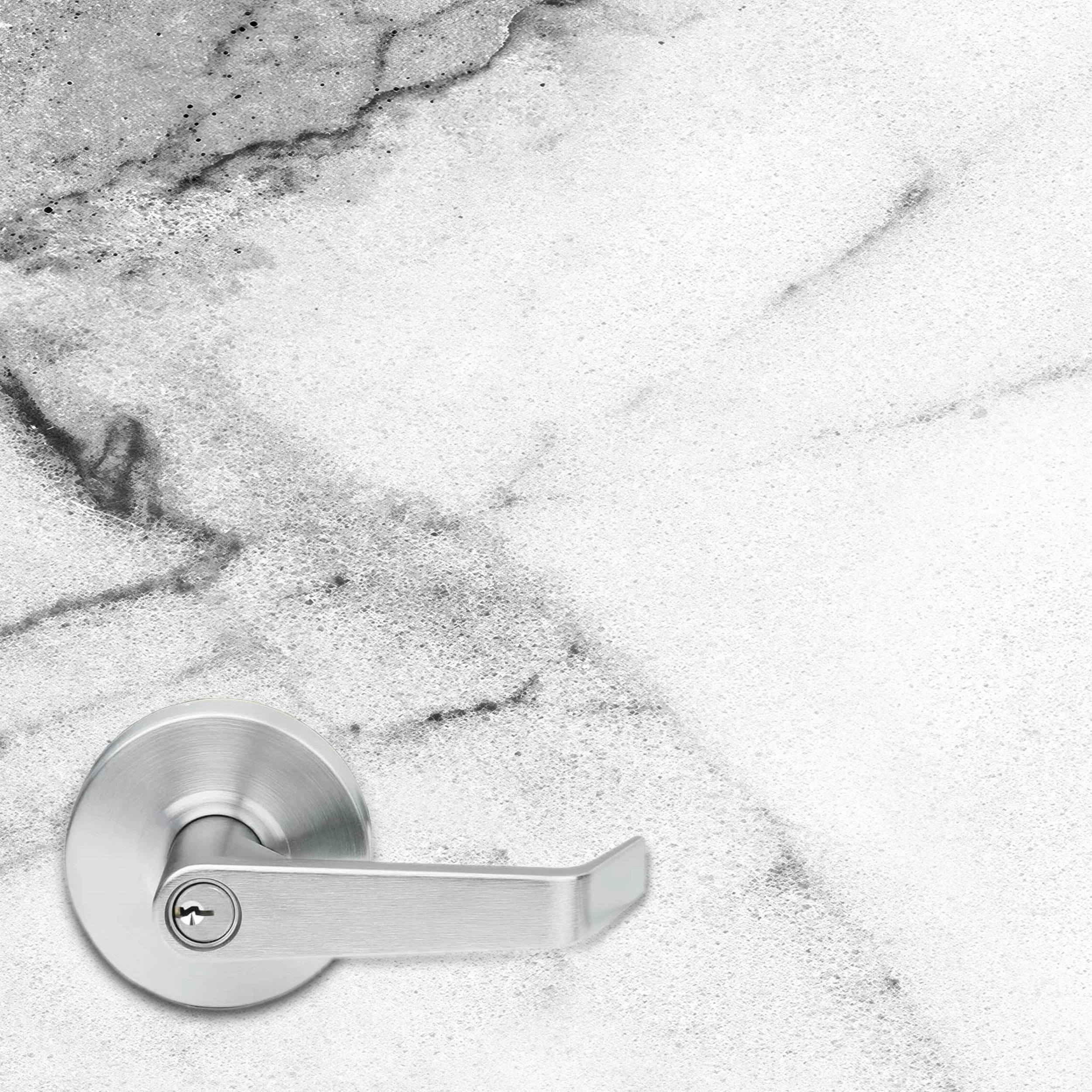 Close up of a high resolution carrara marble texture vinyl door wrap. A typical 5.375" office door handle is shown to give a sense of scale and to show the detailing in the marble texture.