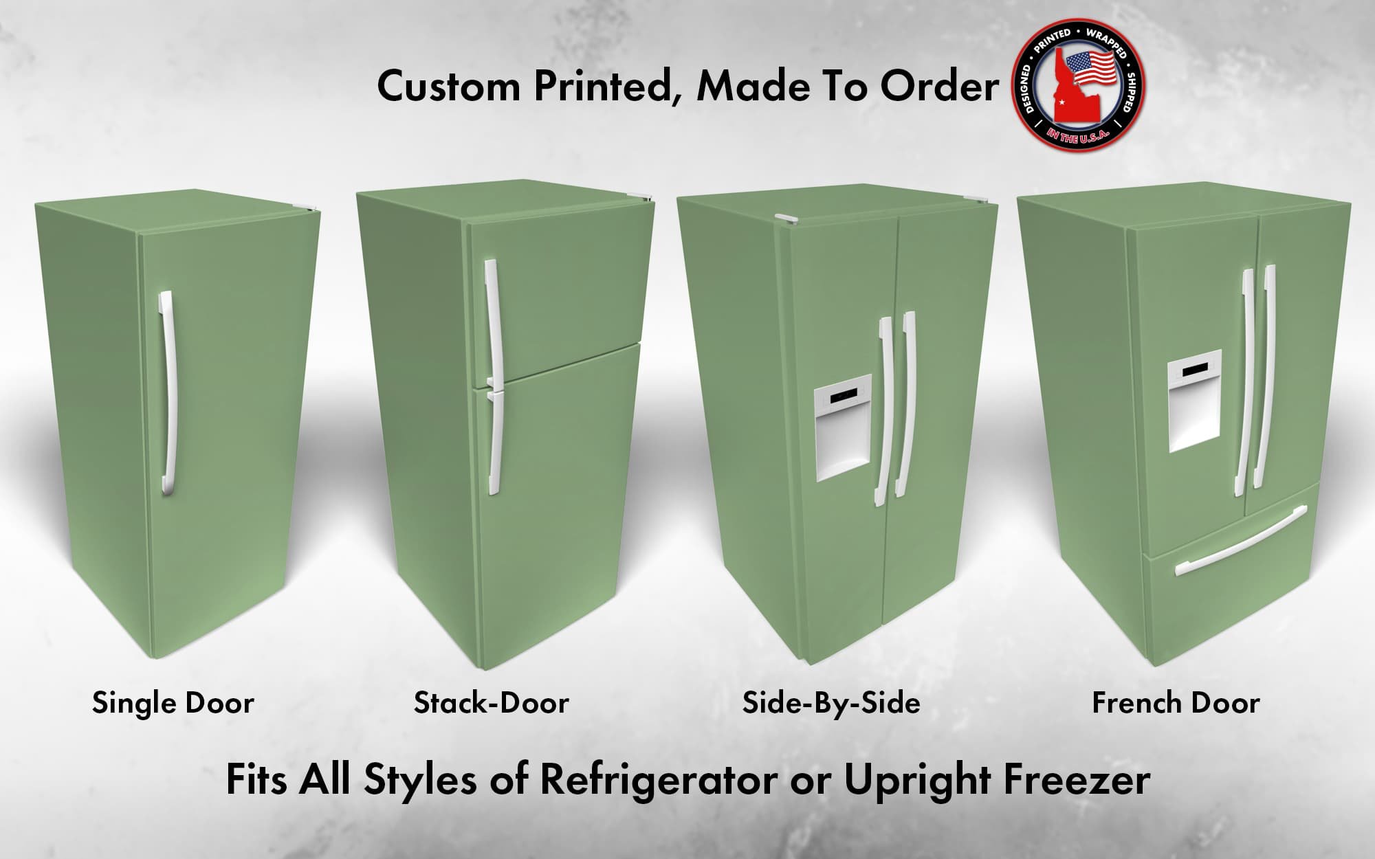 Several 3D models of different refrigerator styles shown in Lounge Green SW 6444 custom vinyl wrap color.