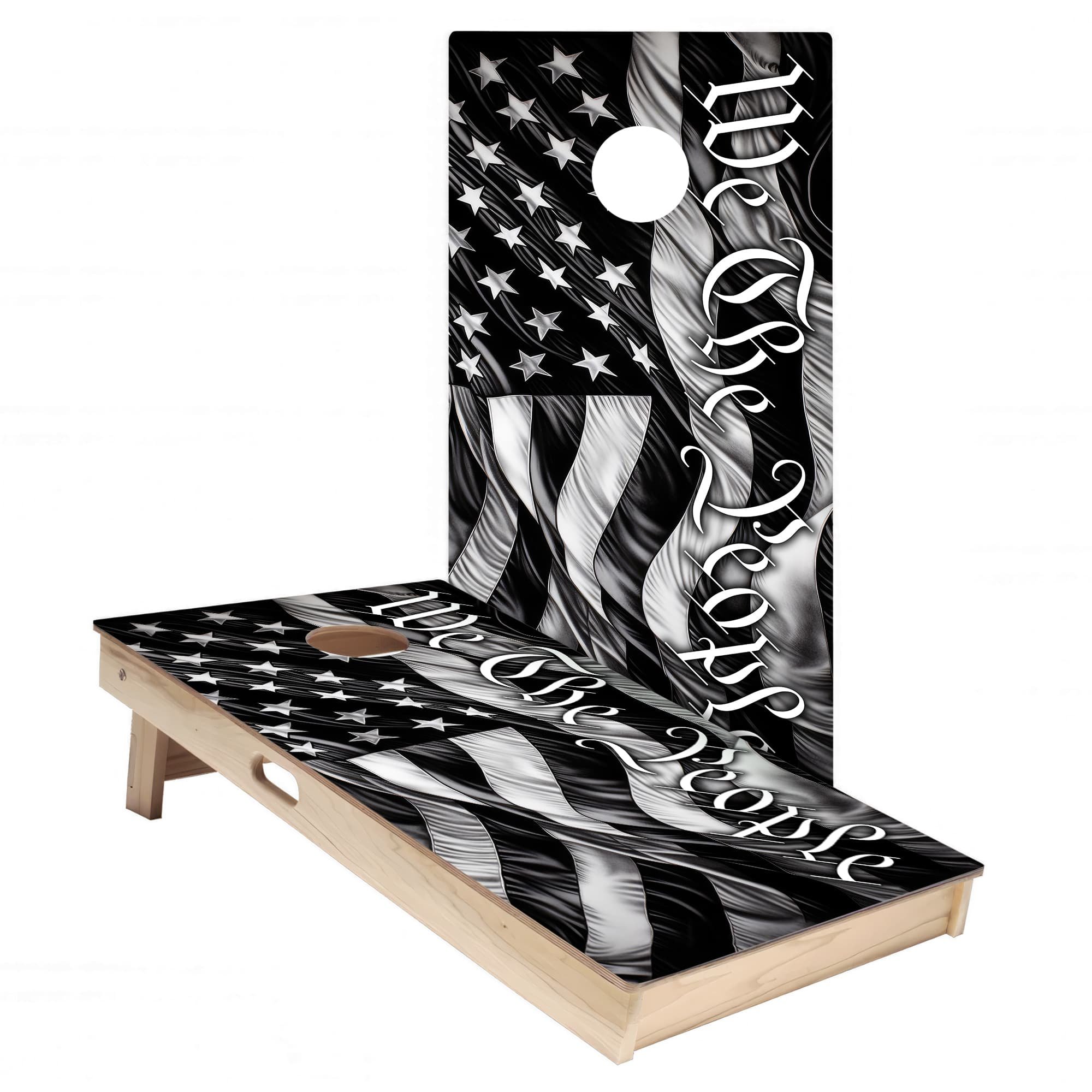 B&W WE THE PEOPLE Flag Cornhole Board Wrap Set