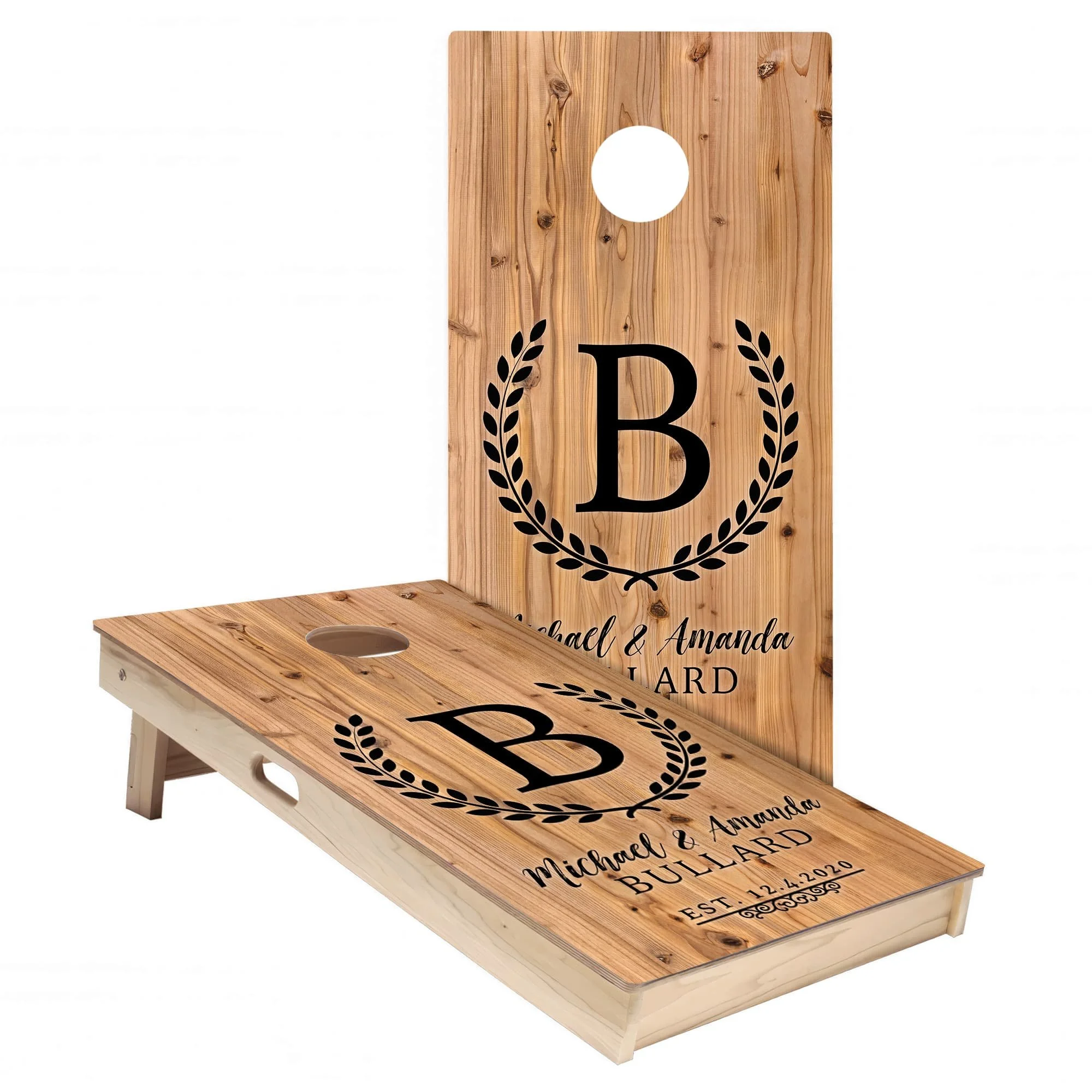 Pine Wood Wedding Anniversary personalized custom Cornhole board wrap sticker decal set