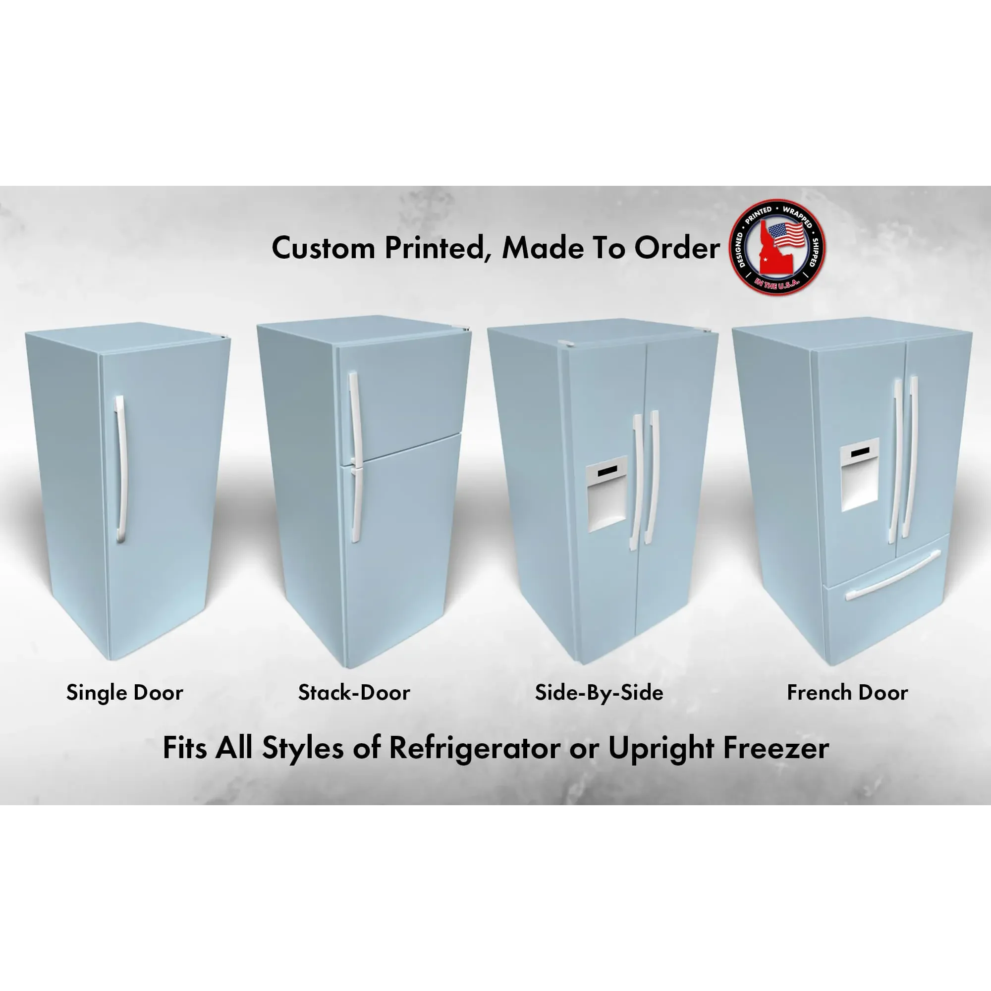 Several 3D models of different refrigerator styles shown in Take Five SW 6513 custom vinyl wrap color