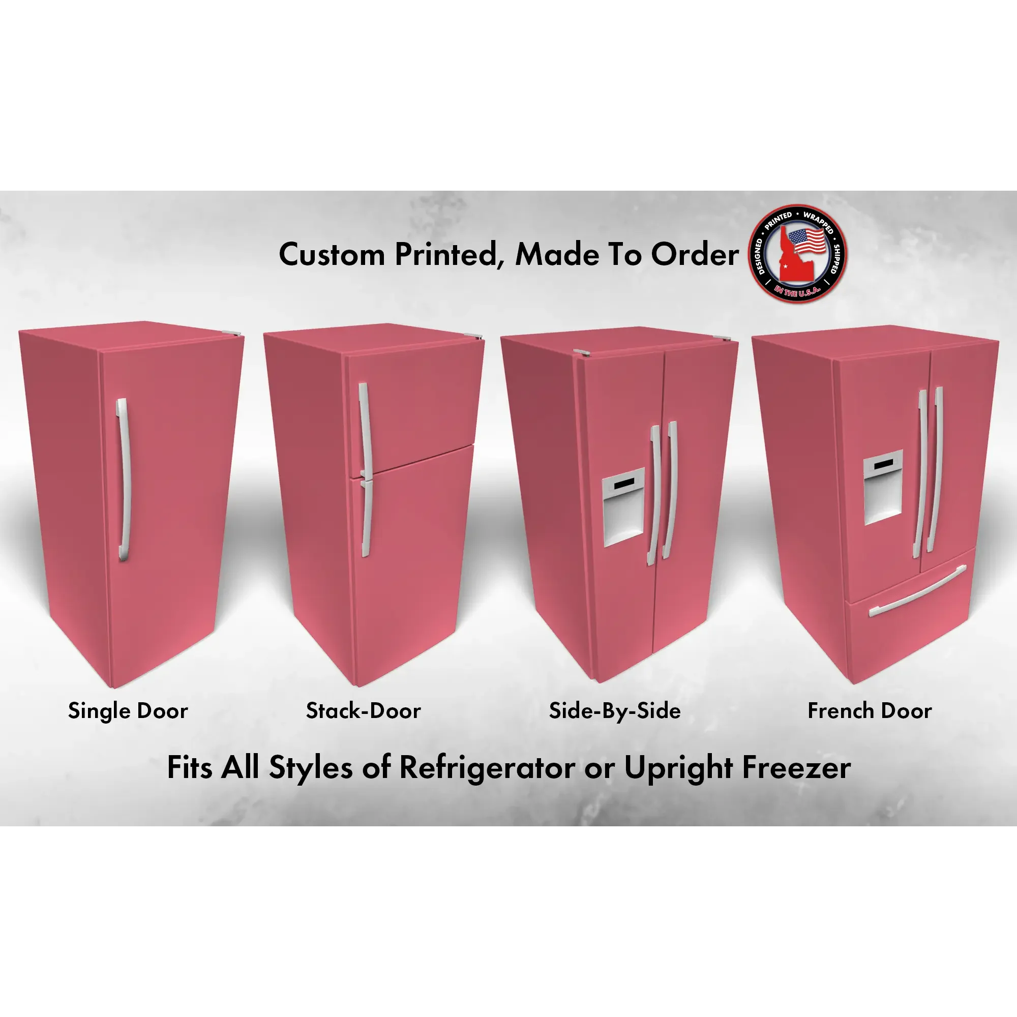 Several 3D models of different refrigerator styles shown in Tuberose SW 6578 custom vinyl wrap color.