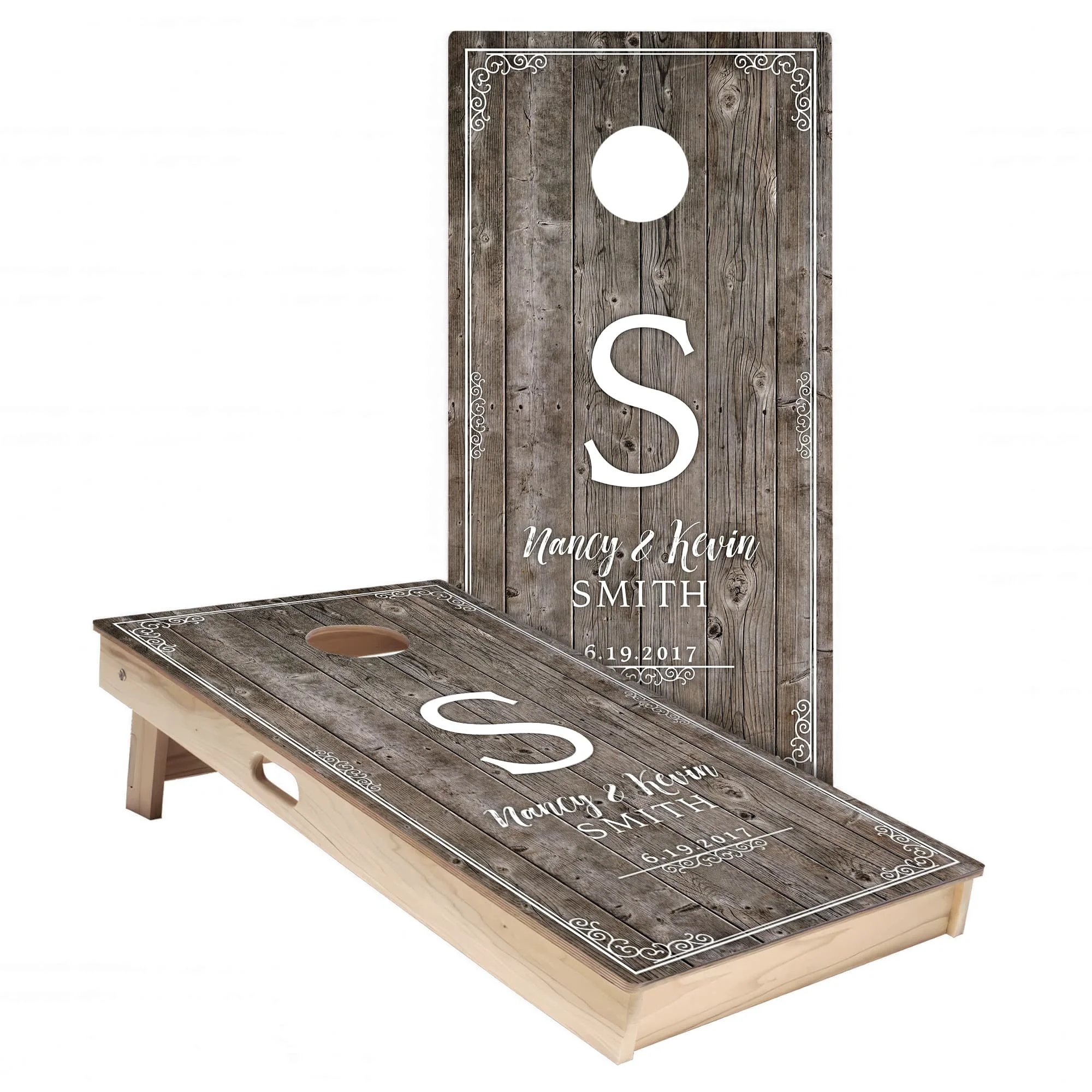 Rustic Wood Wedding Anniversary Cornhole Board Wrap Set #2