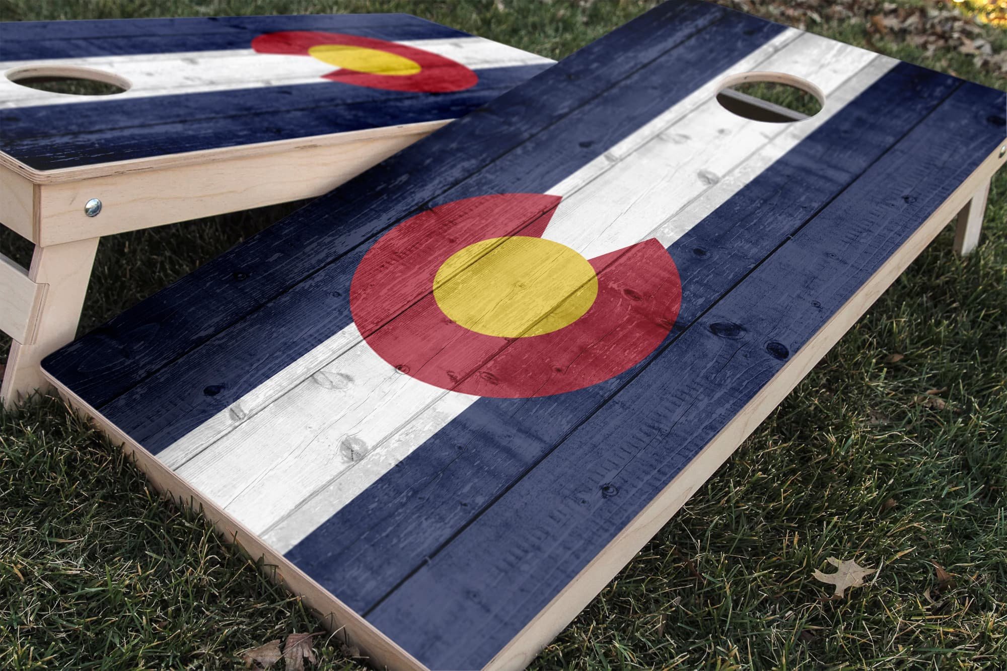 rustic wood Colorado state flag cornhole board vinyl wrap decal skin set