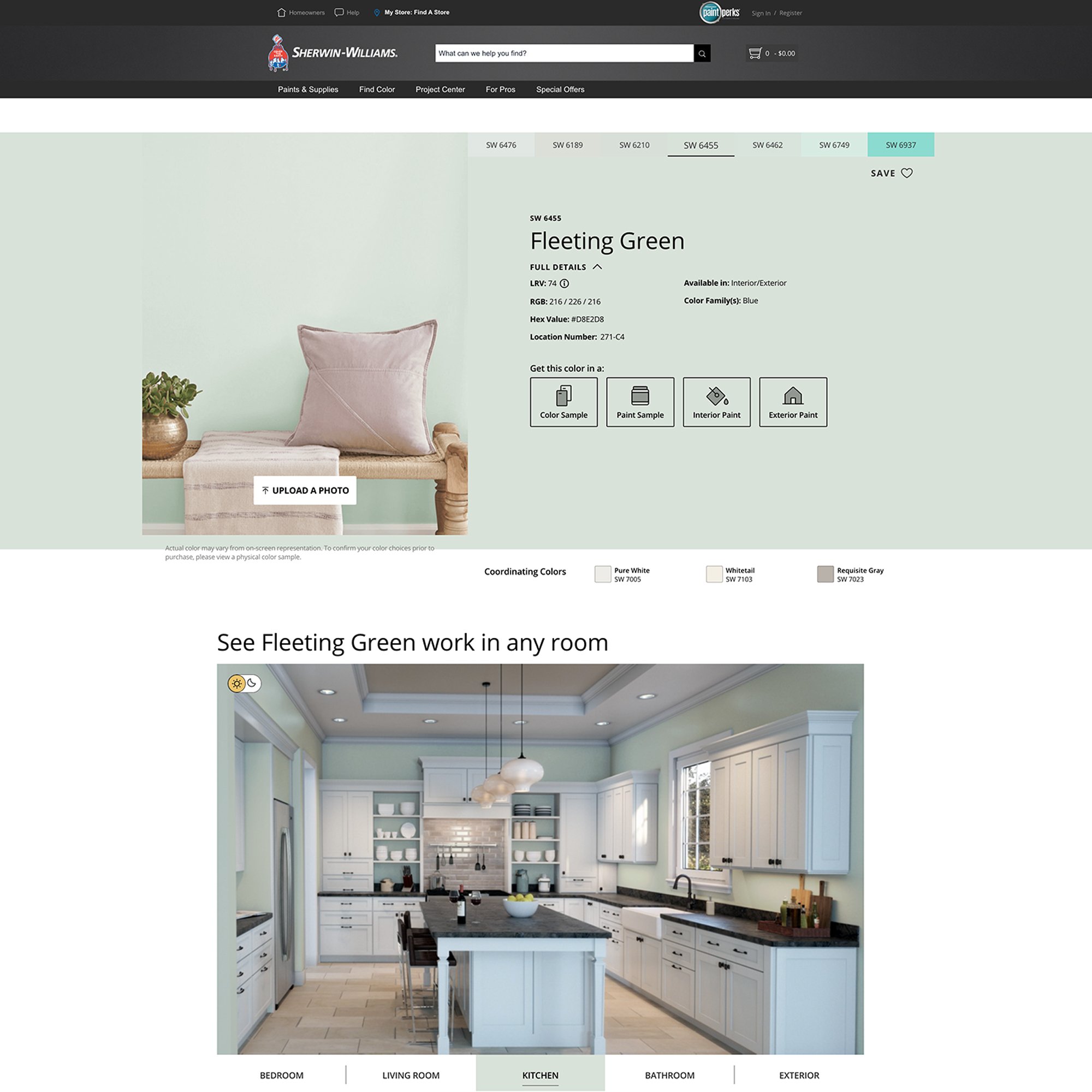 screenshot of this paint color on the Sherwin Williams website. Color shown is Fleeting Green SW 6455
