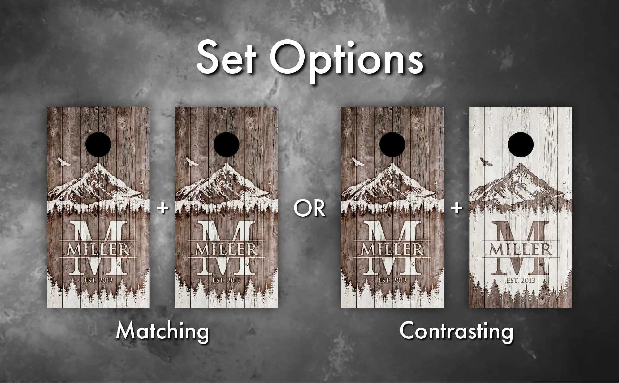 Rustic mountain monogram personalized custom Cornhole board wrap sticker decal set options