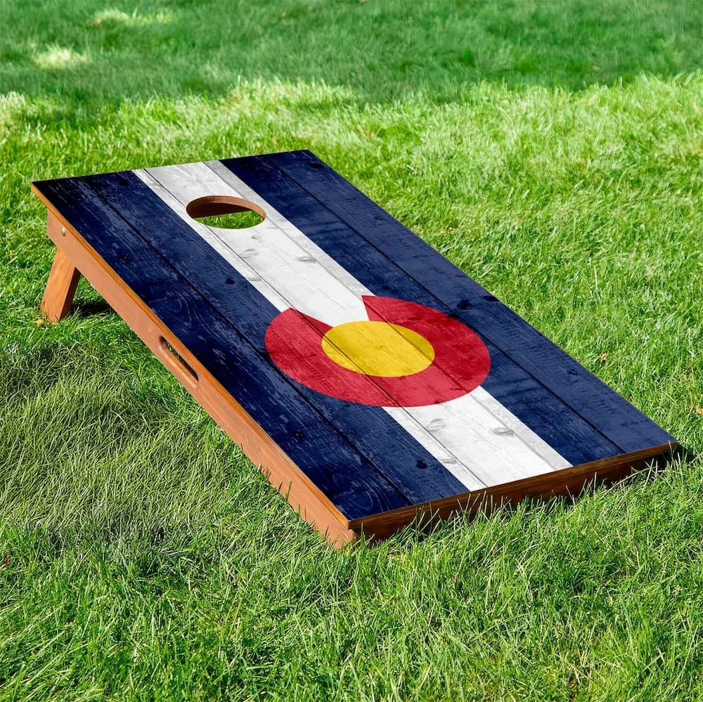 rustic wood Colorado state flag cornhole board - vertical orientation