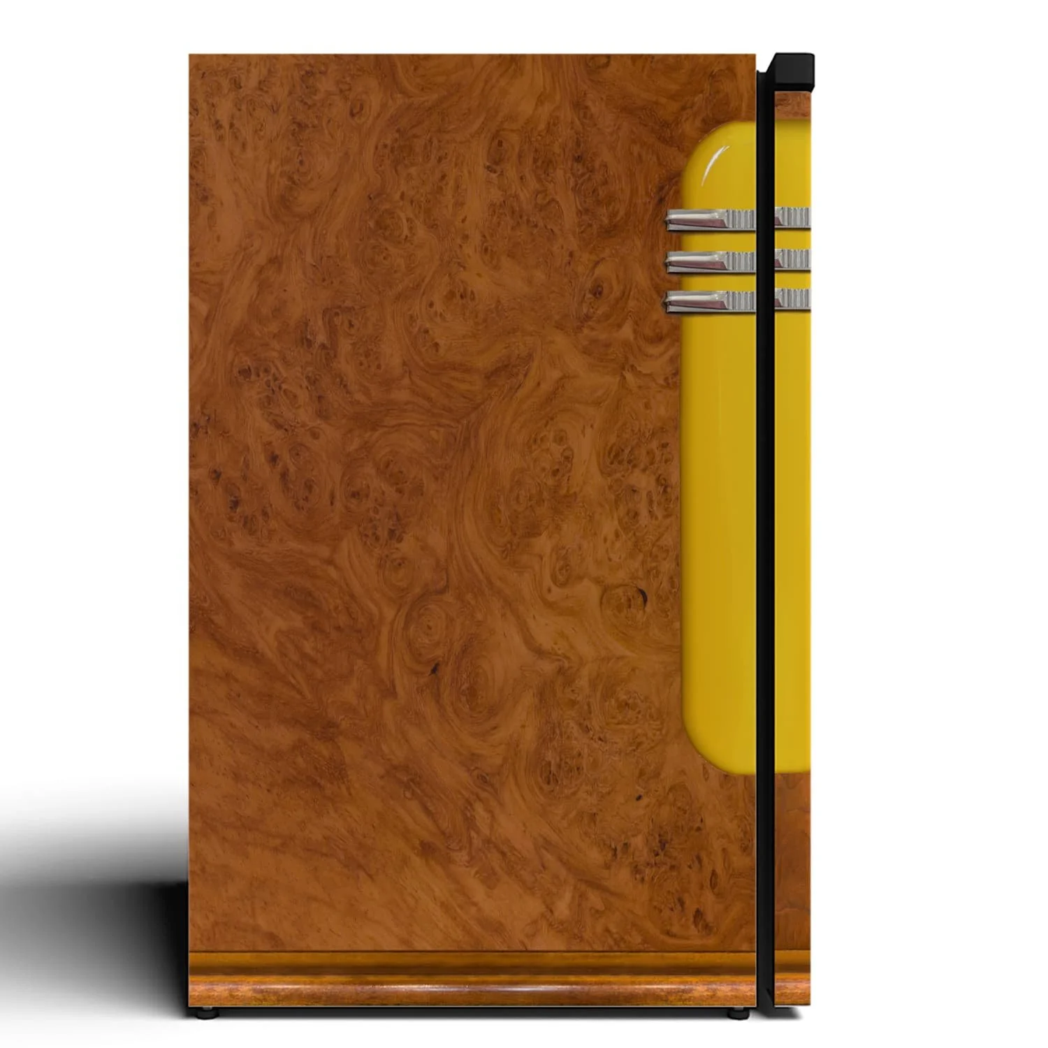 side of a 3d mockup of a solid door mini fridge, covered in our custom-printed Wurlitzer jukebox vinyl wrap.