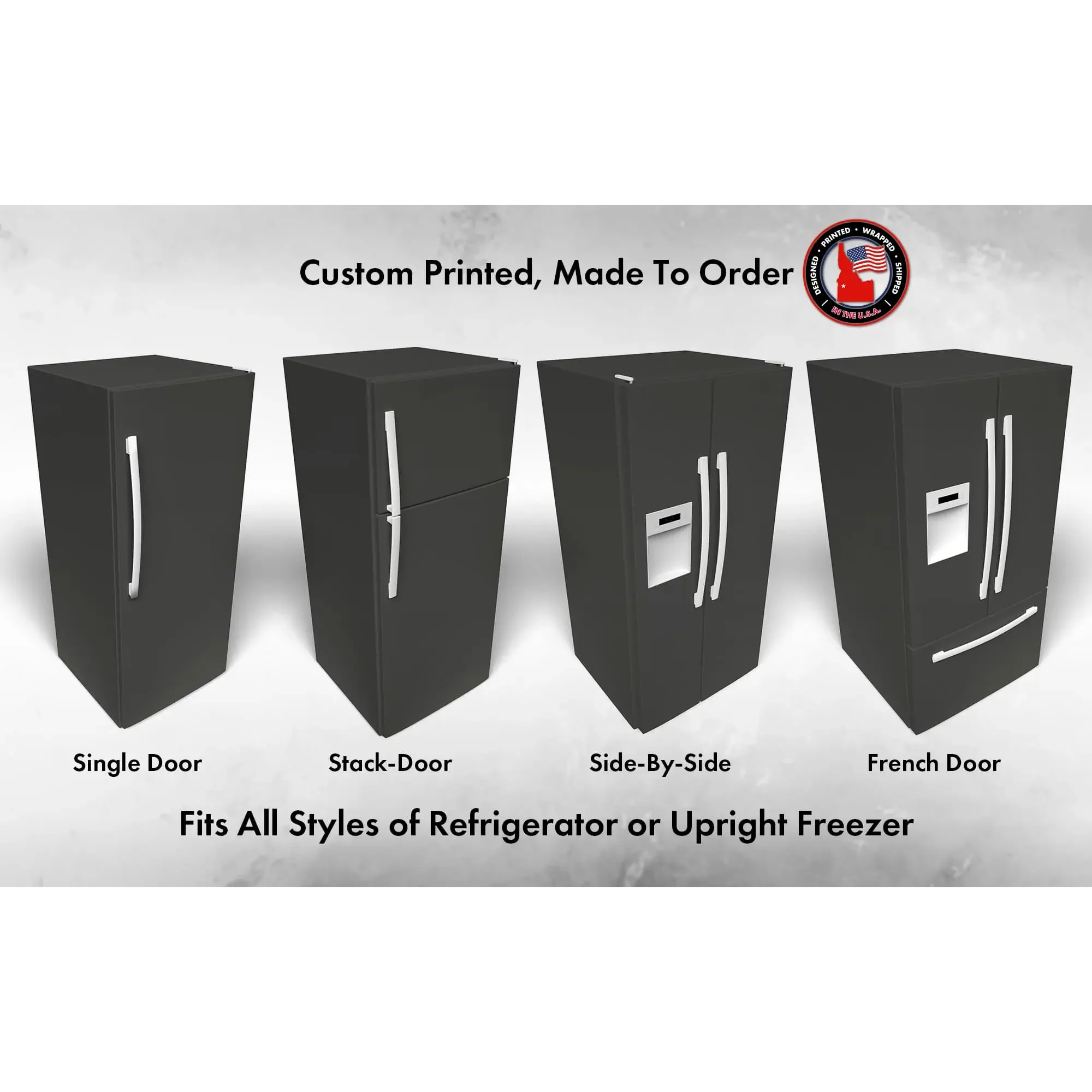Several 3D models of different refrigerator styles shown in Darkroom SW 7083 custom vinyl wrap color.
